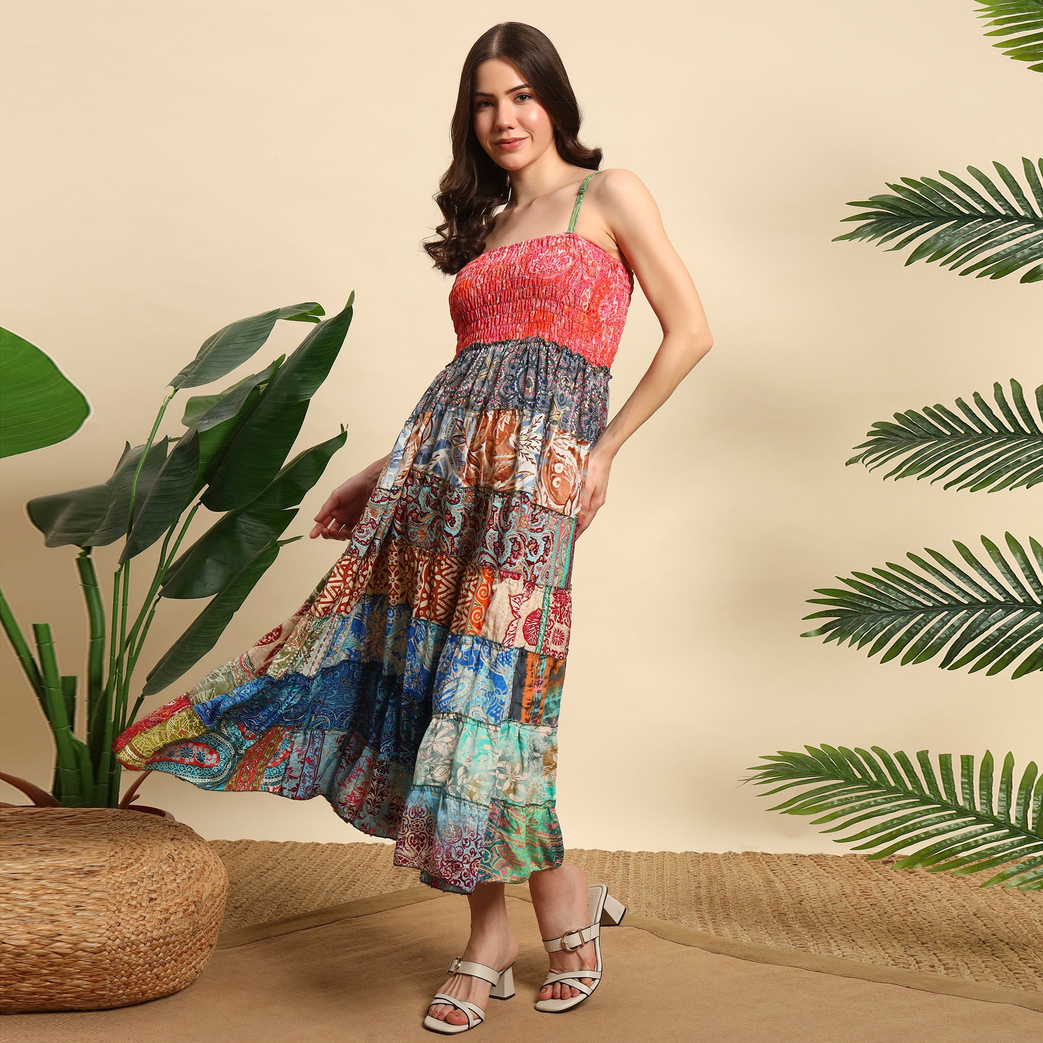 Handmade Vintage Sari Silk Boho Sundress Multicolor Indian Tiered Patchwork Maxi Dress