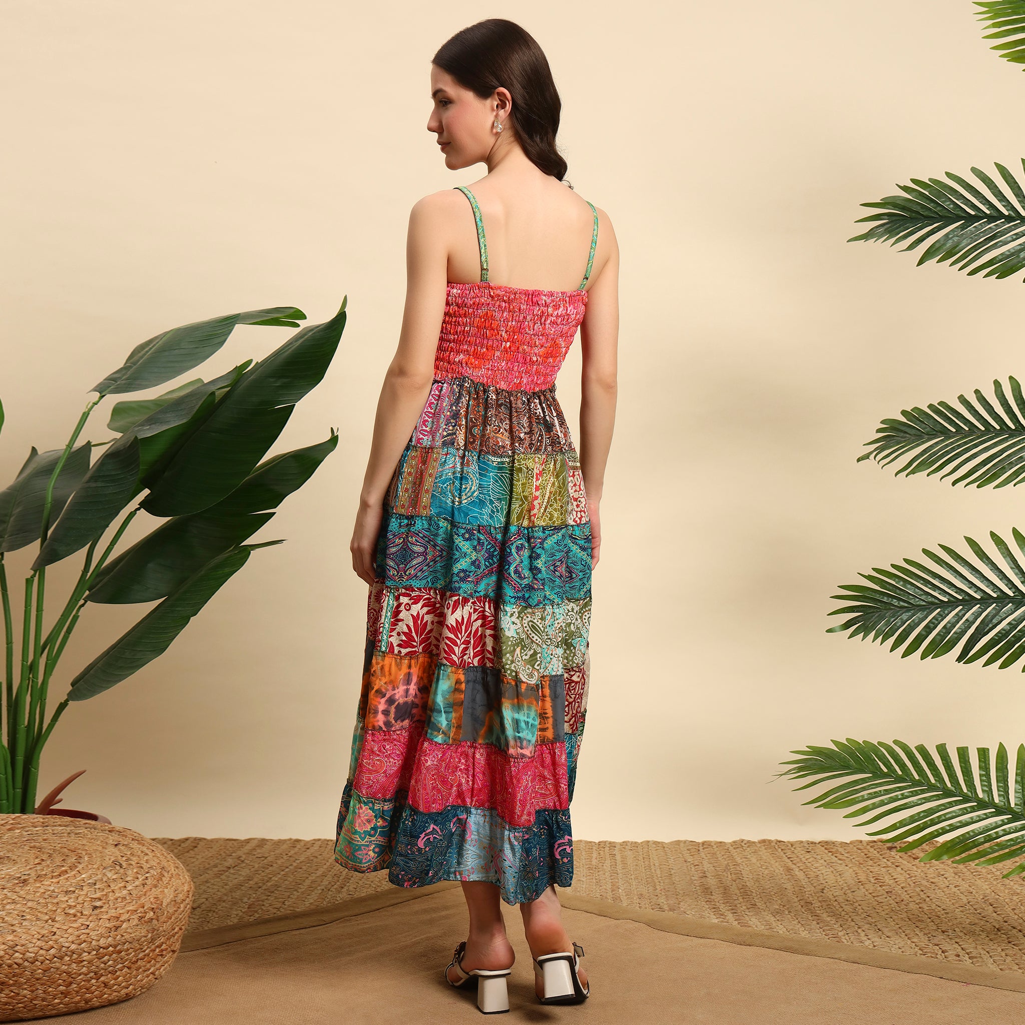 Handmade Vintage Sari Silk Boho Sundress Multicolor Indian Tiered Patchwork Maxi Dress