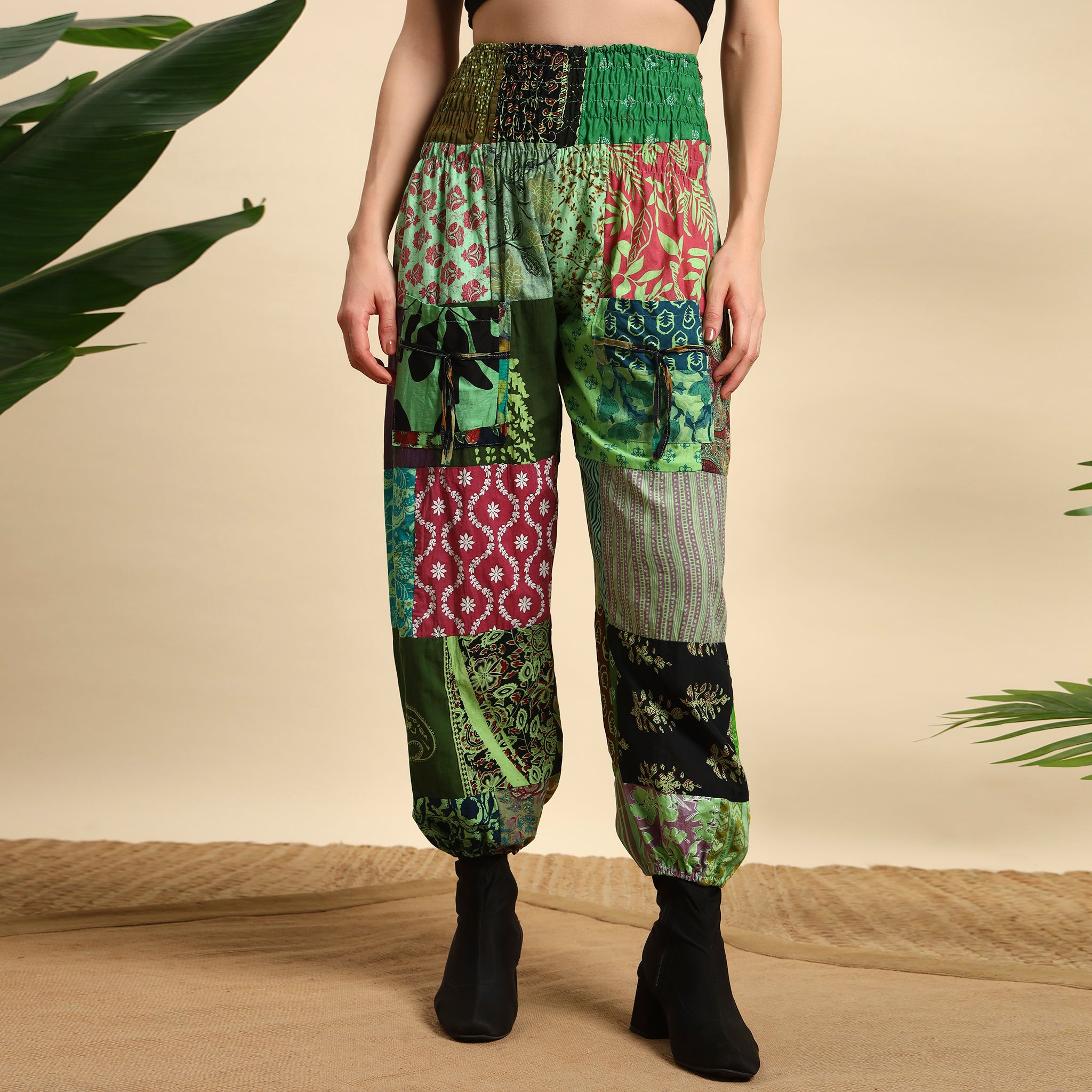 Green Overdyed Cotton Patchwork Pants Smocked Waist Free Size Trousers