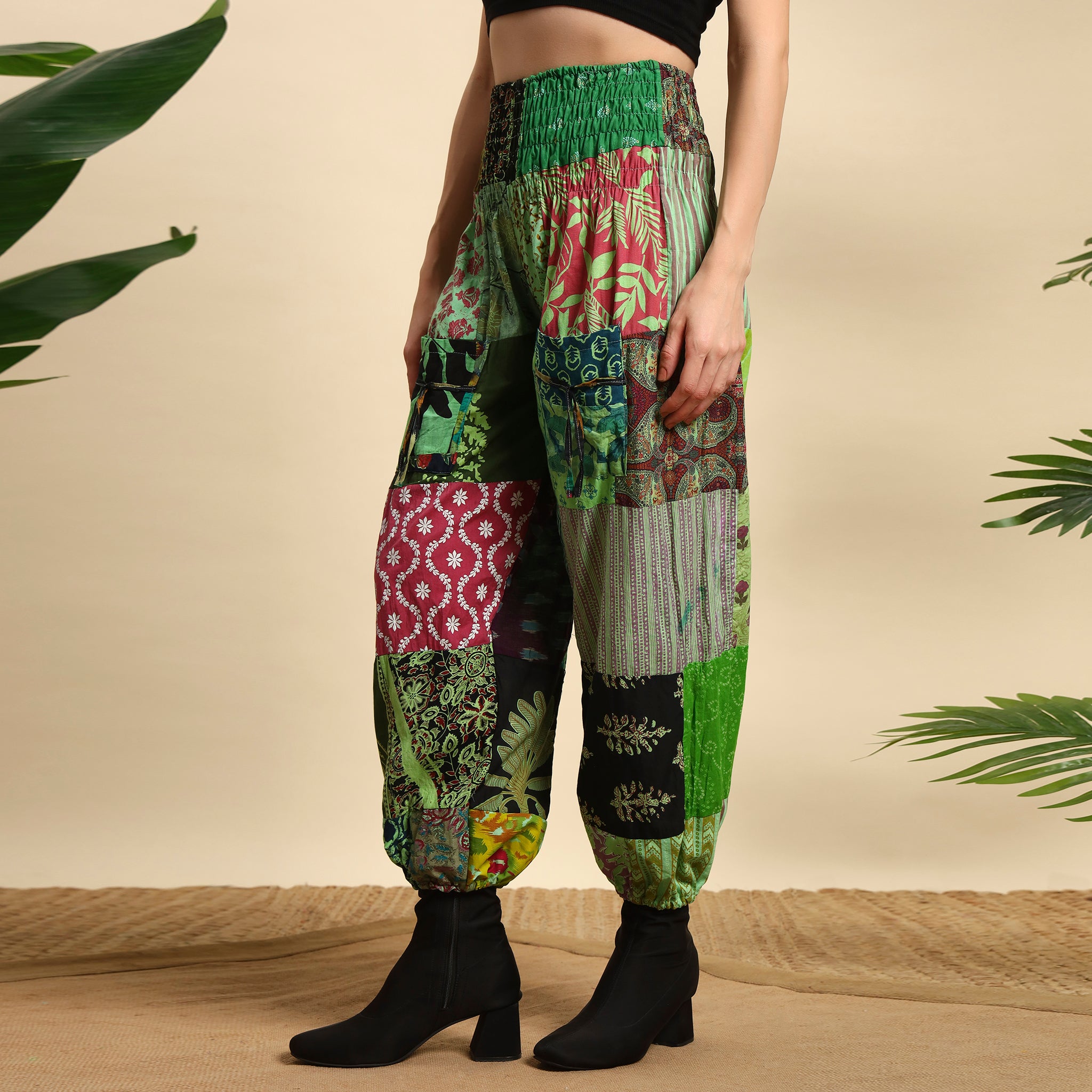 Green Overdyed Cotton Patchwork Pants Smocked Waist Free Size Trousers