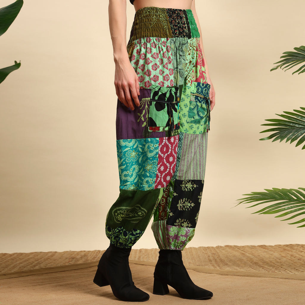 Green Overdyed Cotton Patchwork Pants Smocked Waist Free Size Trousers