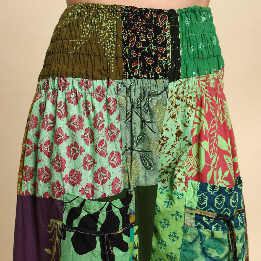 Green Overdyed Cotton Patchwork Pants Smocked Waist Free Size Trousers