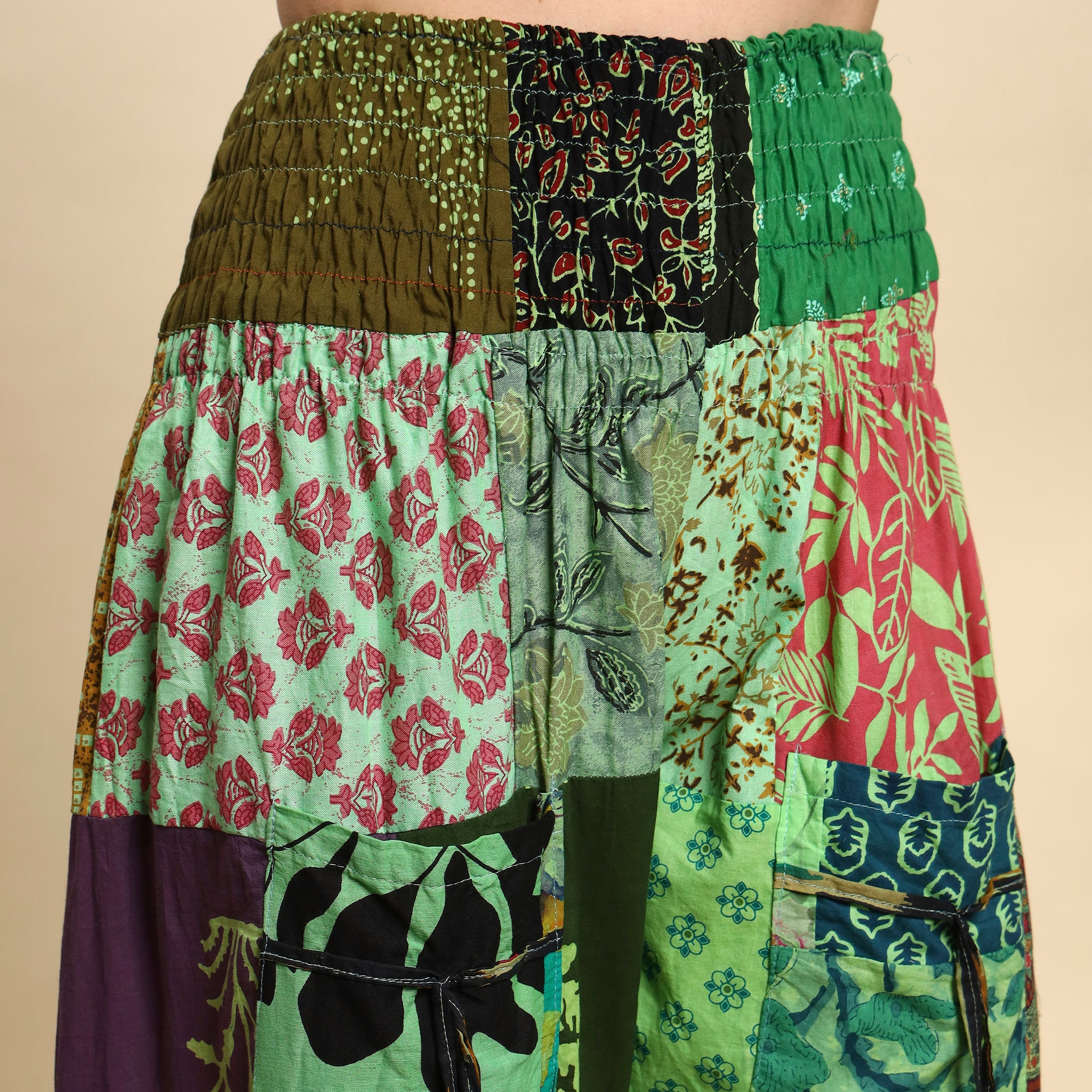 Green Overdyed Cotton Patchwork Pants Smocked Waist Free Size Trousers