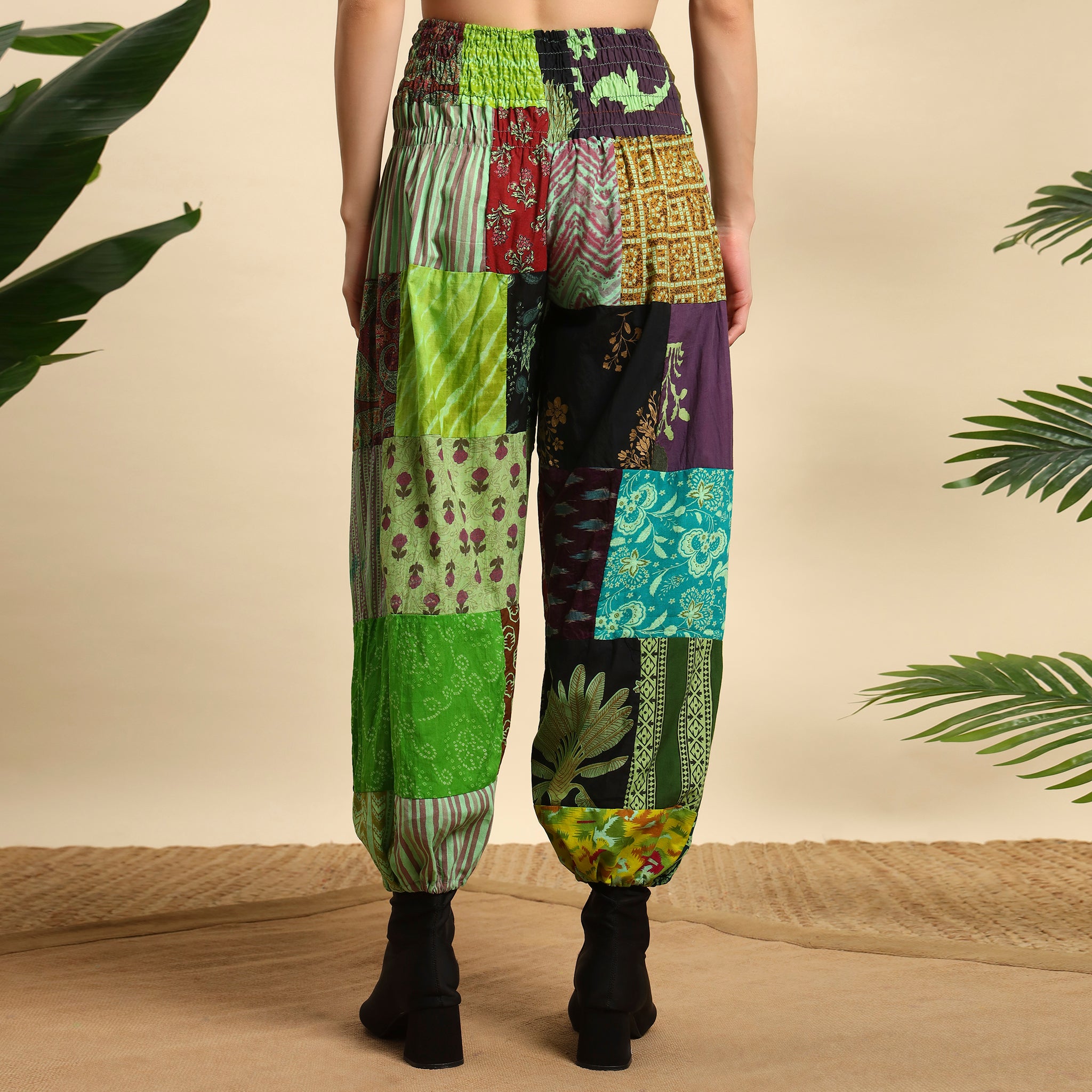 Green Overdyed Cotton Patchwork Pants Smocked Waist Free Size Trousers