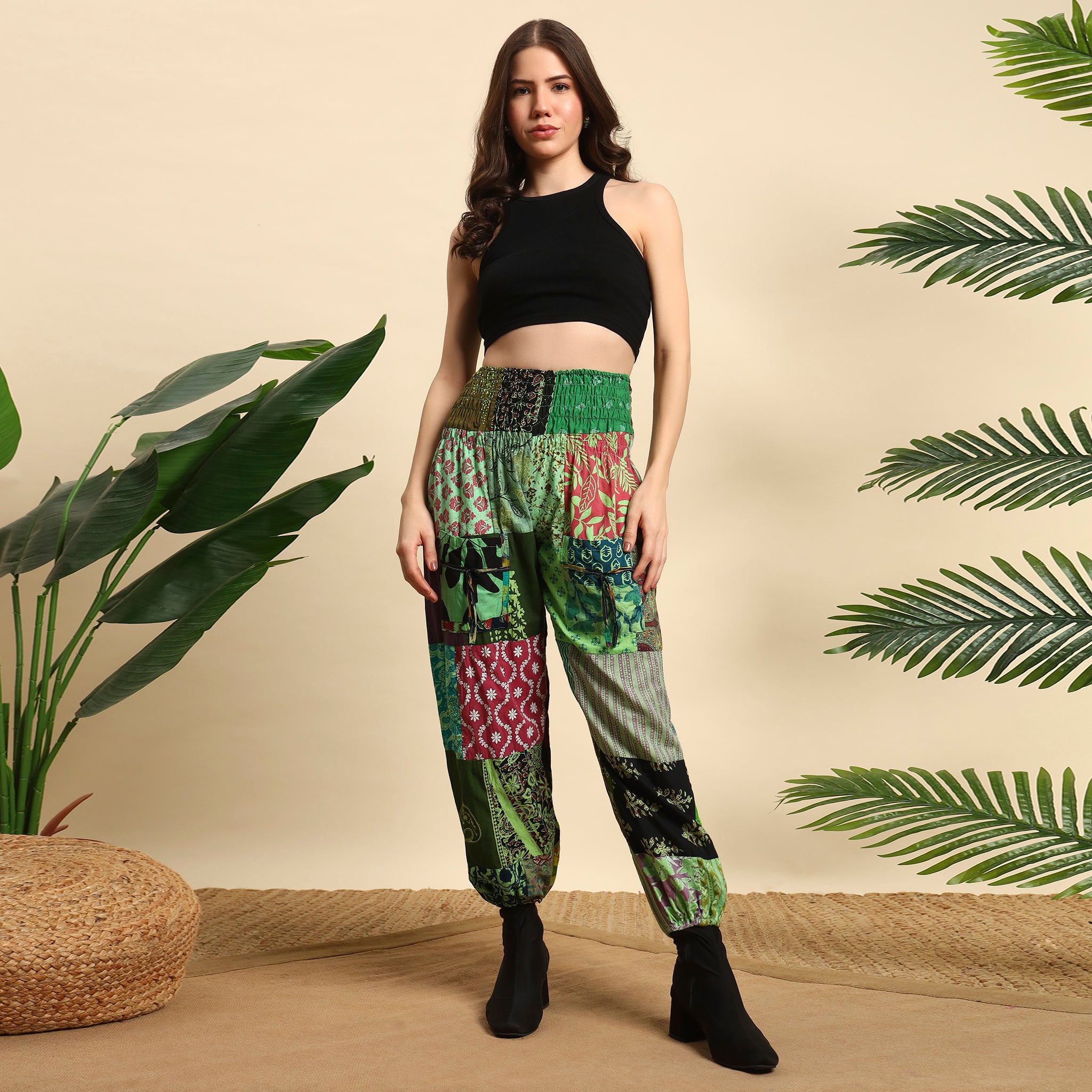 Green Overdyed Cotton Patchwork Pants Smocked Waist Free Size Trousers
