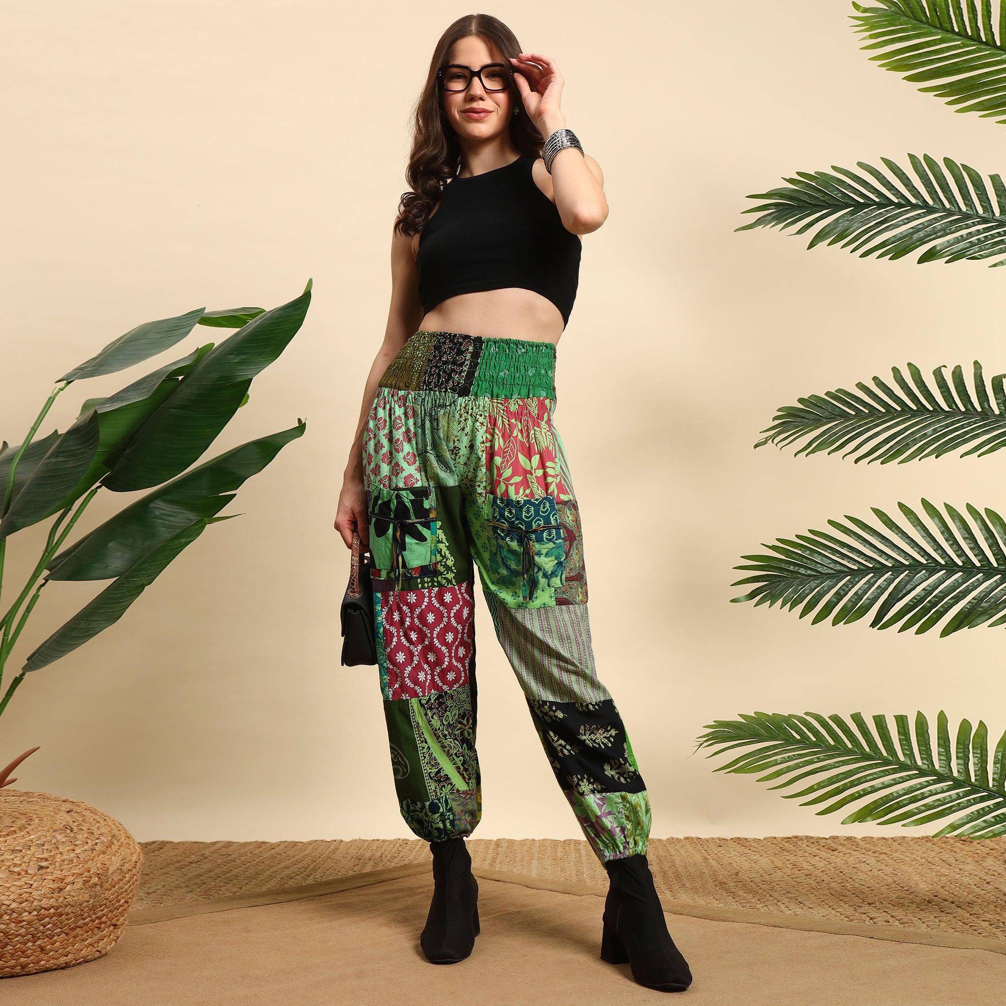 Green Overdyed Cotton Patchwork Pants Smocked Waist Free Size Trousers