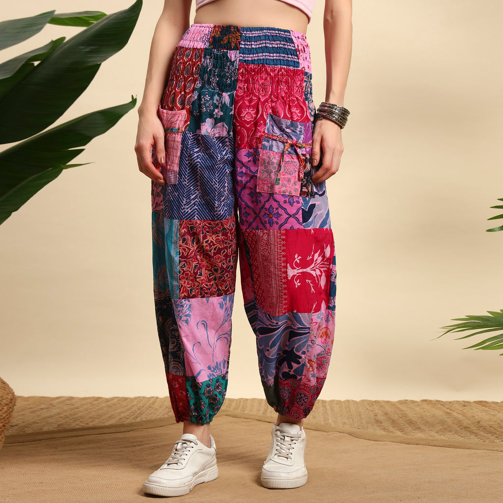 Pink Overdyed Cotton Patchwork Pants Smocked Waist Free Size Trousers