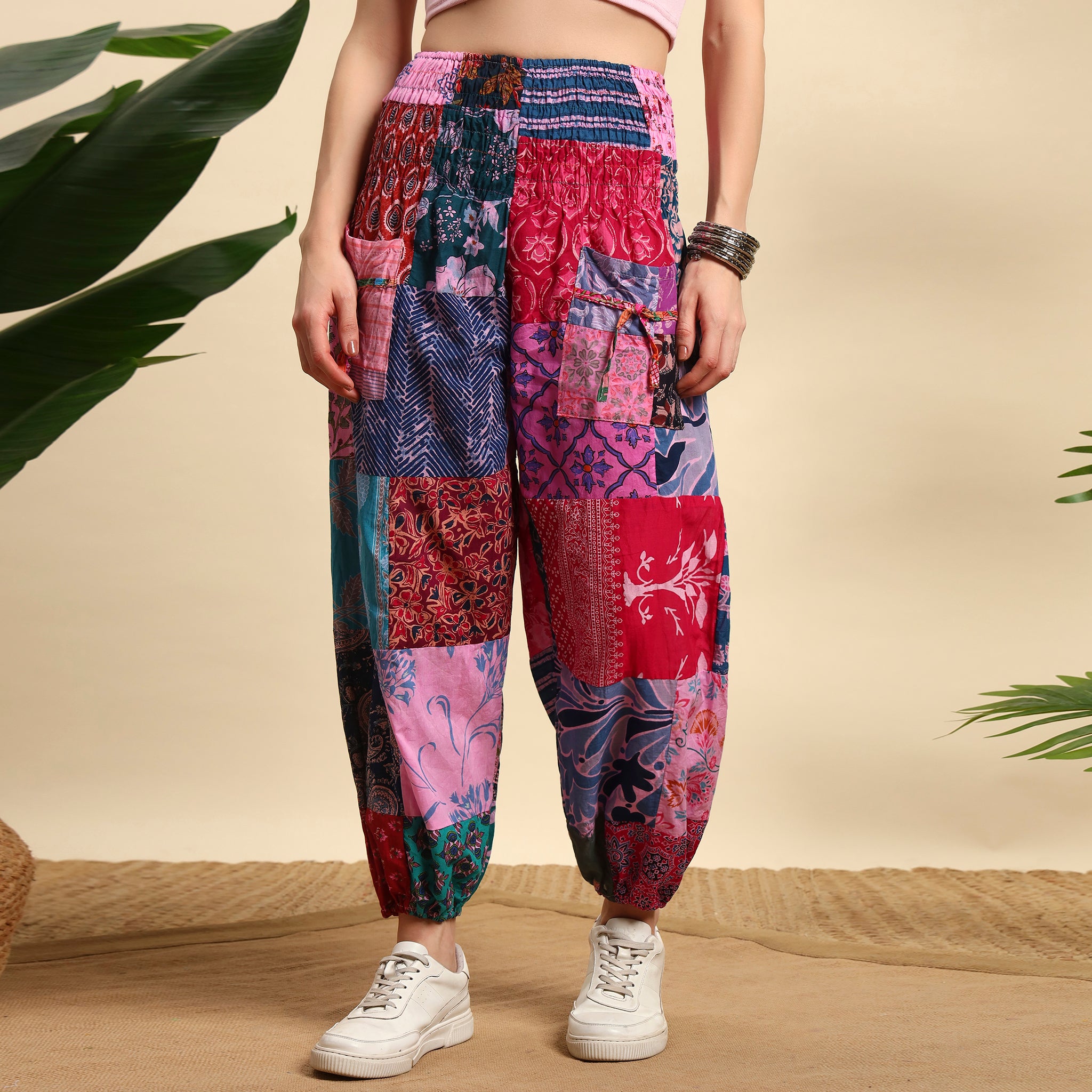 Pink Overdyed Cotton Patchwork Pants Smocked Waist Free Size Trousers
