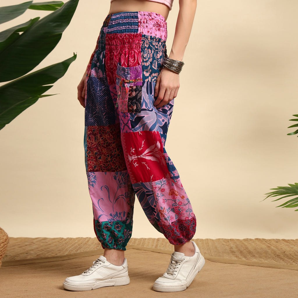 Pink Overdyed Cotton Patchwork Pants Smocked Waist Free Size Trousers