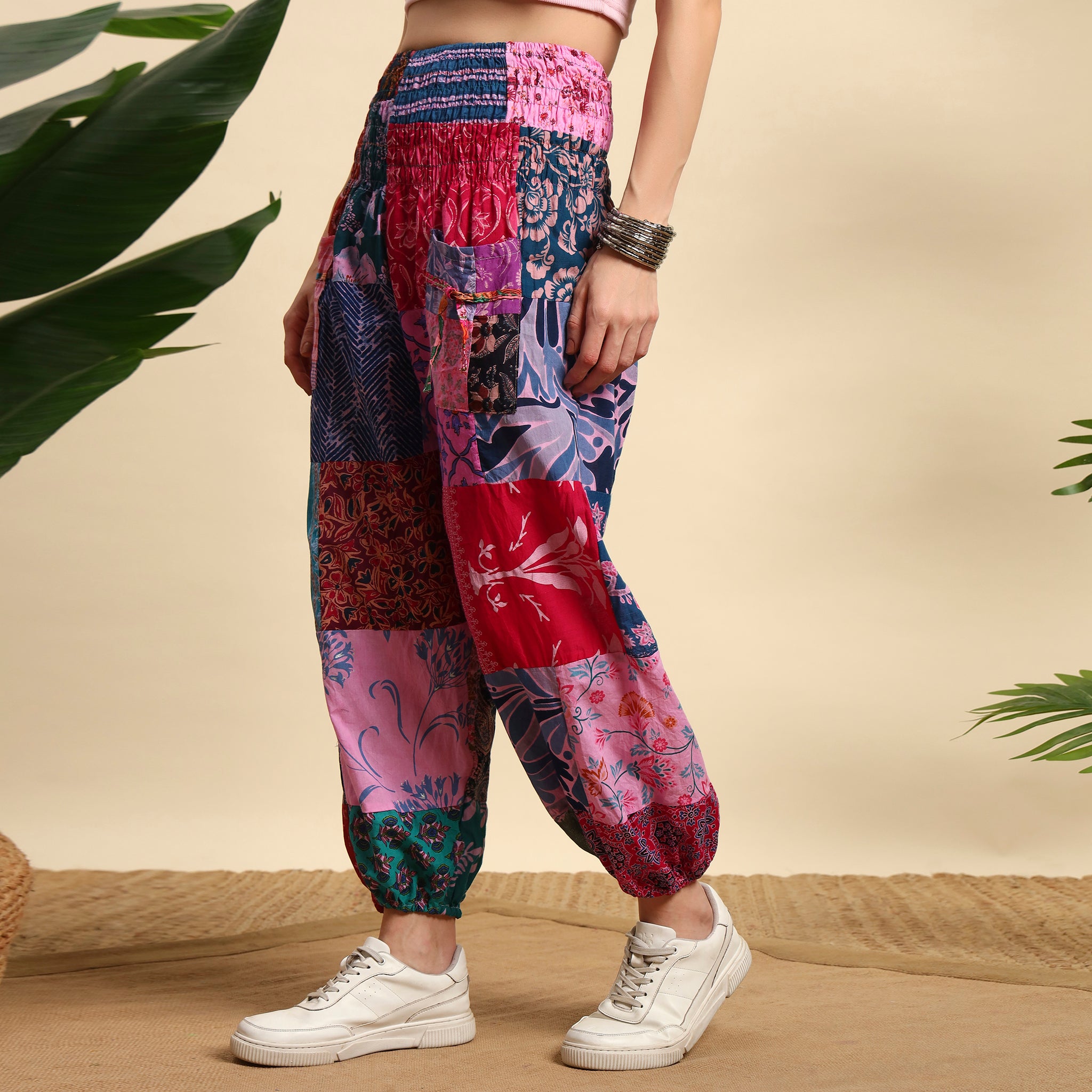 Pink Overdyed Cotton Patchwork Pants Smocked Waist Free Size Trousers