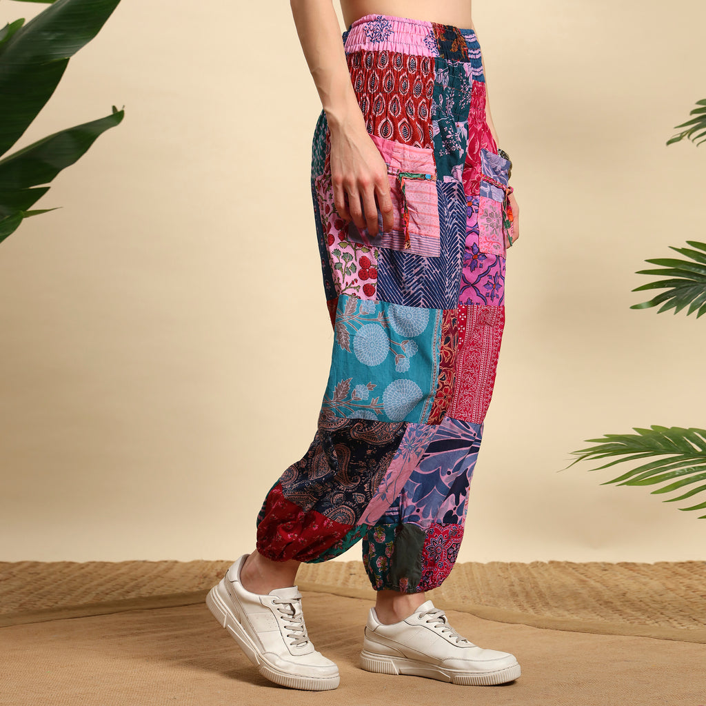 Pink Overdyed Cotton Patchwork Pants Smocked Waist Free Size Trousers