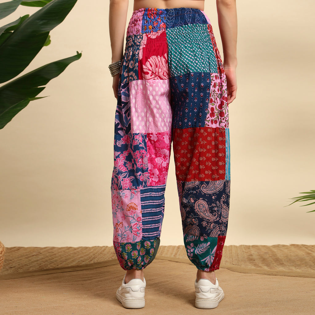 Pink Overdyed Cotton Patchwork Pants Smocked Waist Free Size Trousers