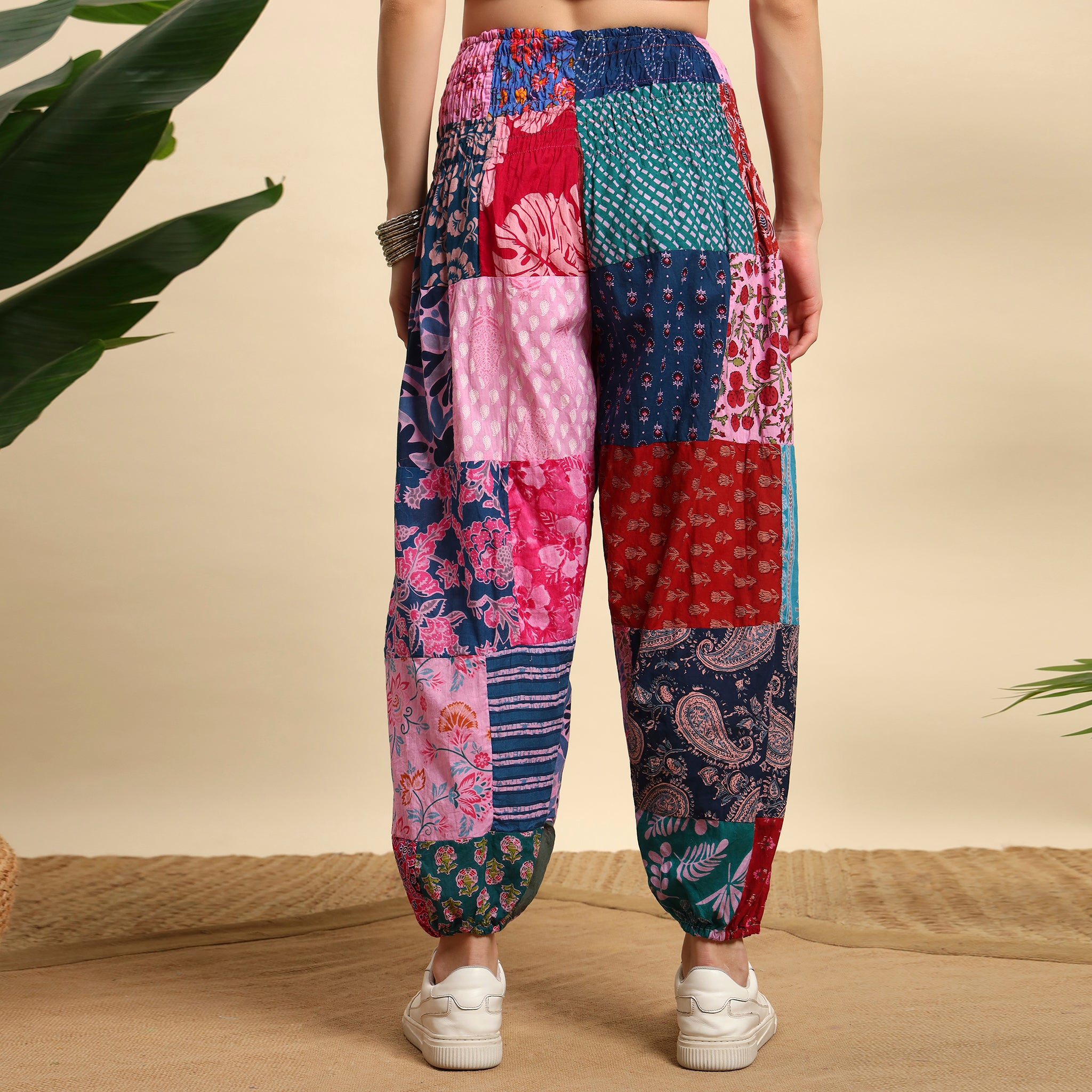 Pink Overdyed Cotton Patchwork Pants Smocked Waist Free Size Trousers