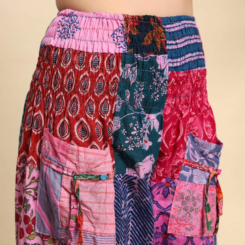 Pink Overdyed Cotton Patchwork Pants Smocked Waist Free Size Trousers