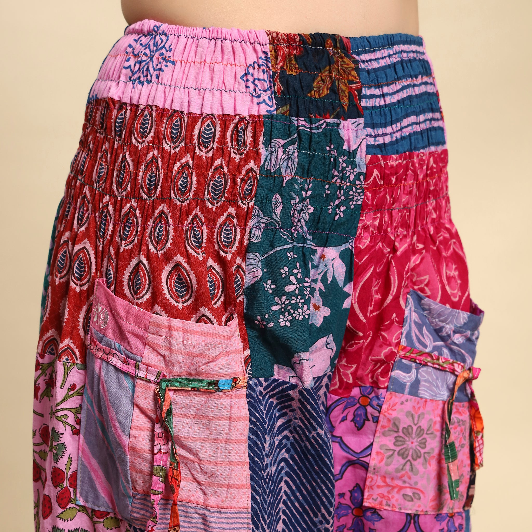 Pink Overdyed Cotton Patchwork Pants Smocked Waist Free Size Trousers