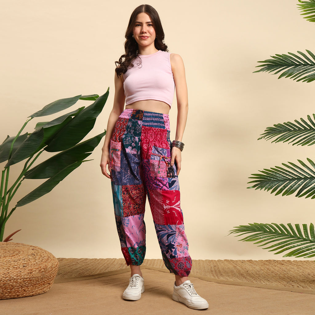 Pink Overdyed Cotton Patchwork Pants Smocked Waist Free Size Trousers