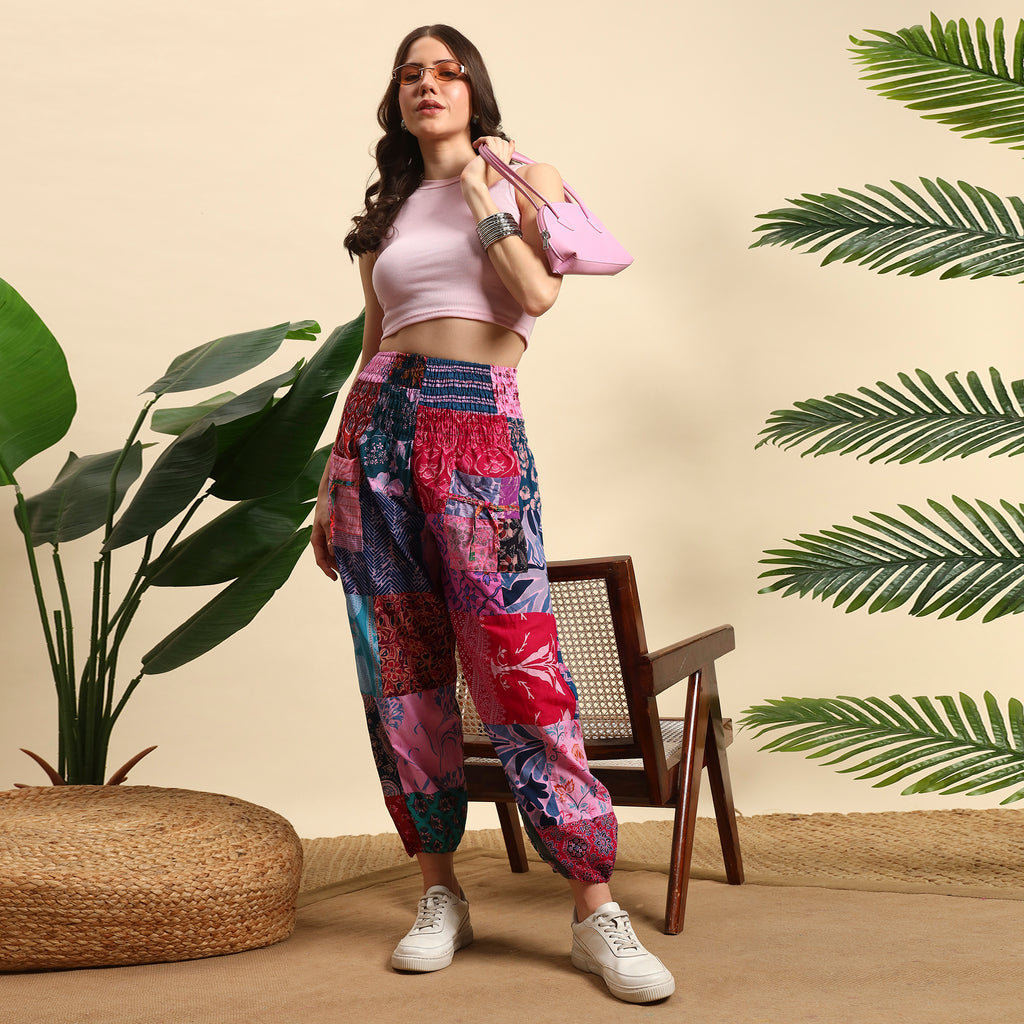 Pink Overdyed Cotton Patchwork Pants Smocked Waist Free Size Trousers