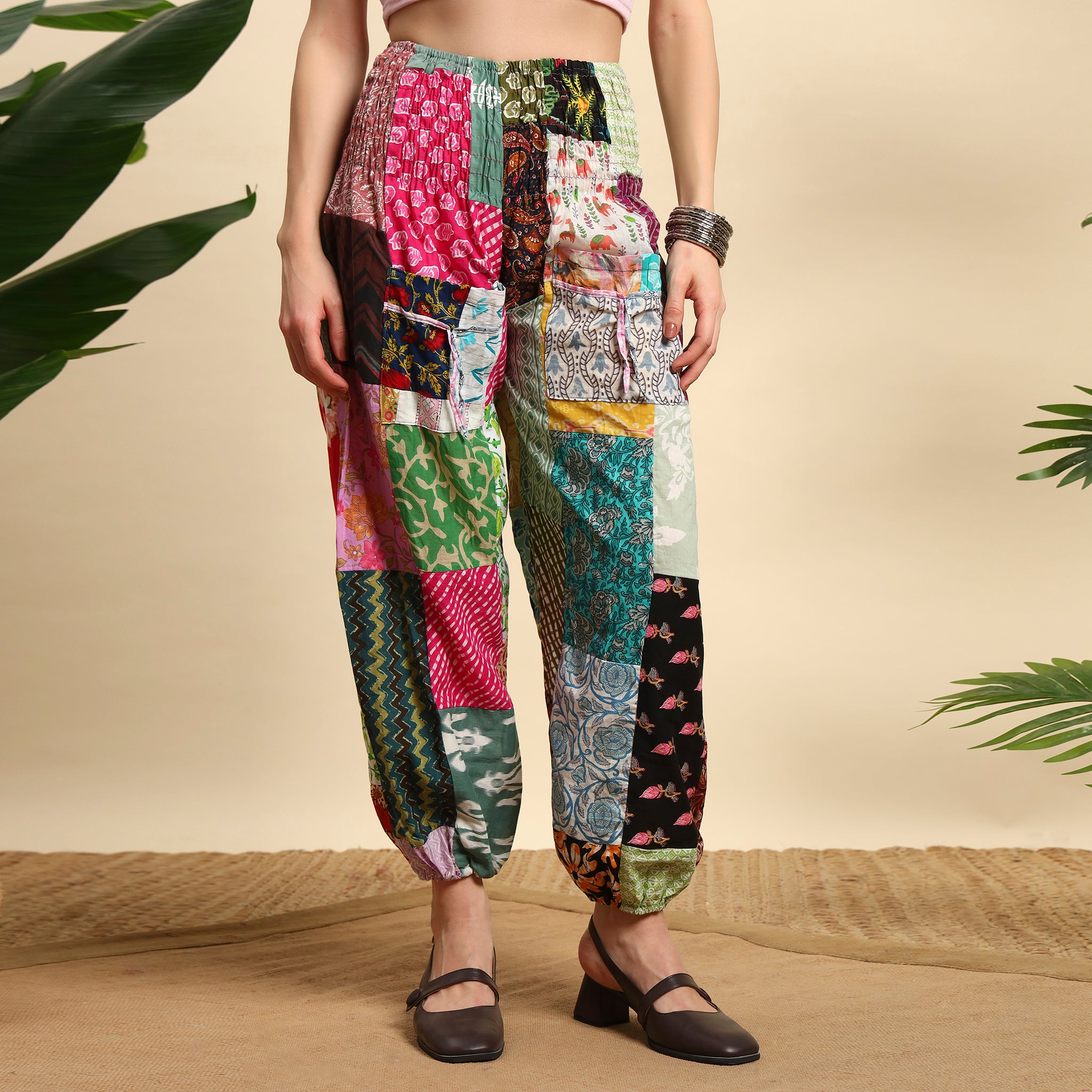 Multicolor Cotton Patchwork Pants Smocked Waist Free Size Trousers