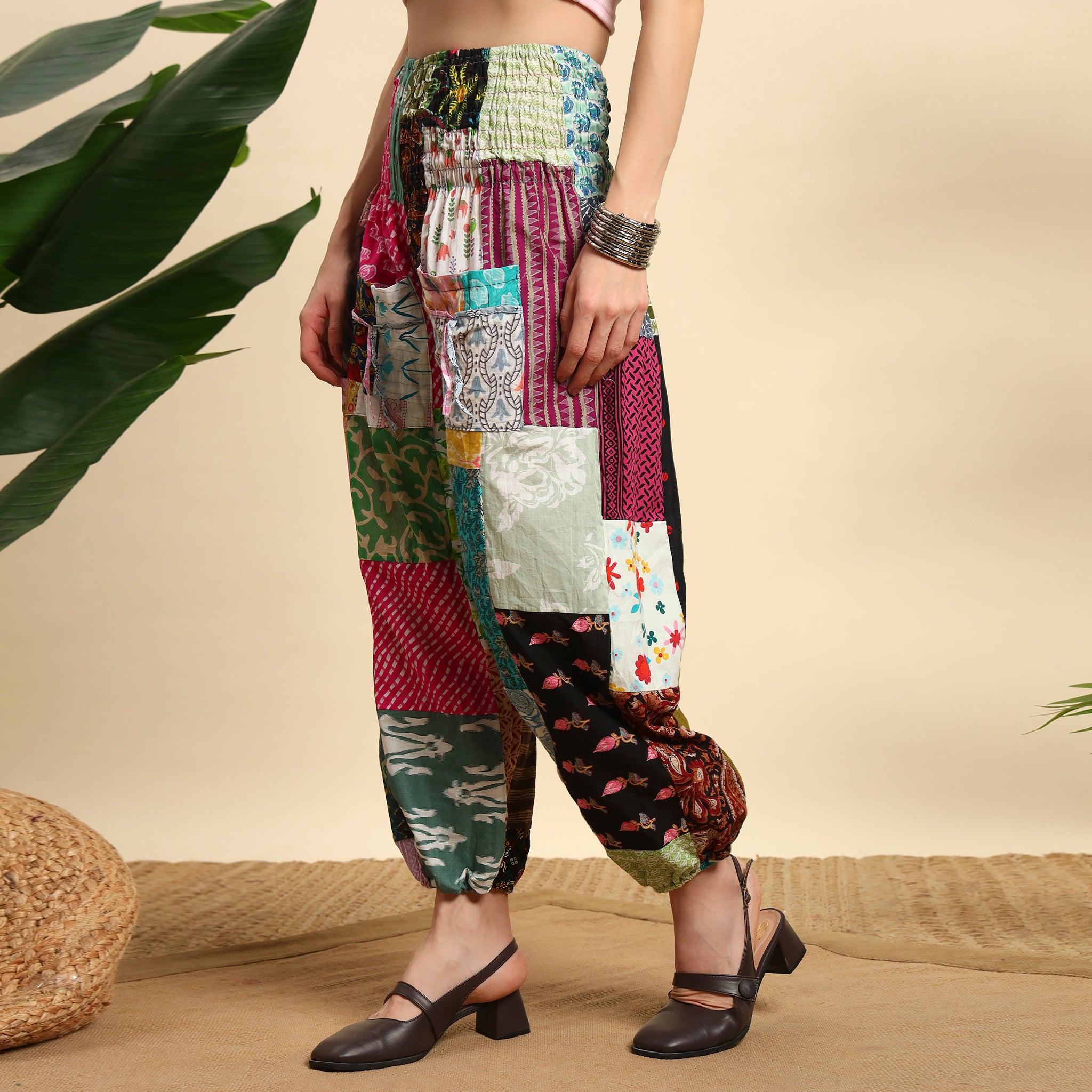 Multicolor Cotton Patchwork Pants Smocked Waist Free Size Trousers