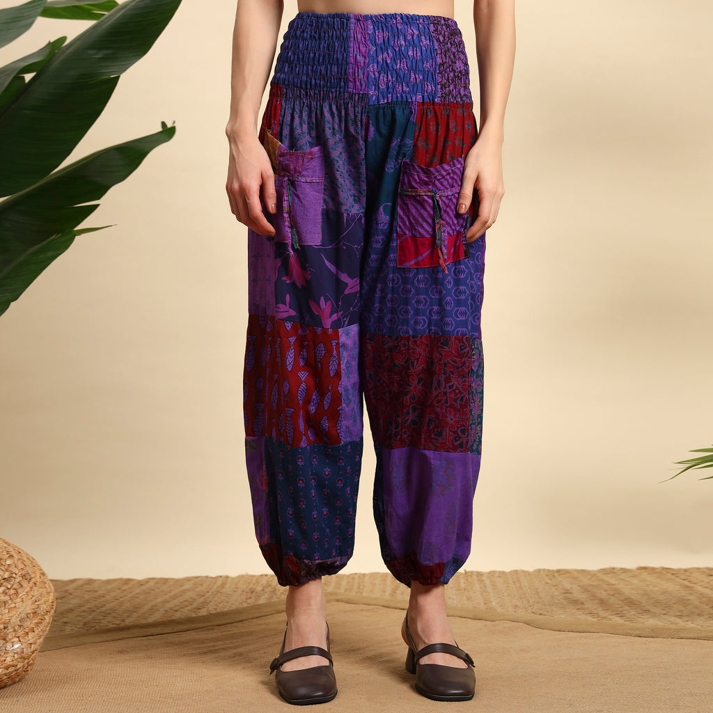 Purple Overdyed Cotton Patchwork Pants Smocked Waist Free Size Trousers