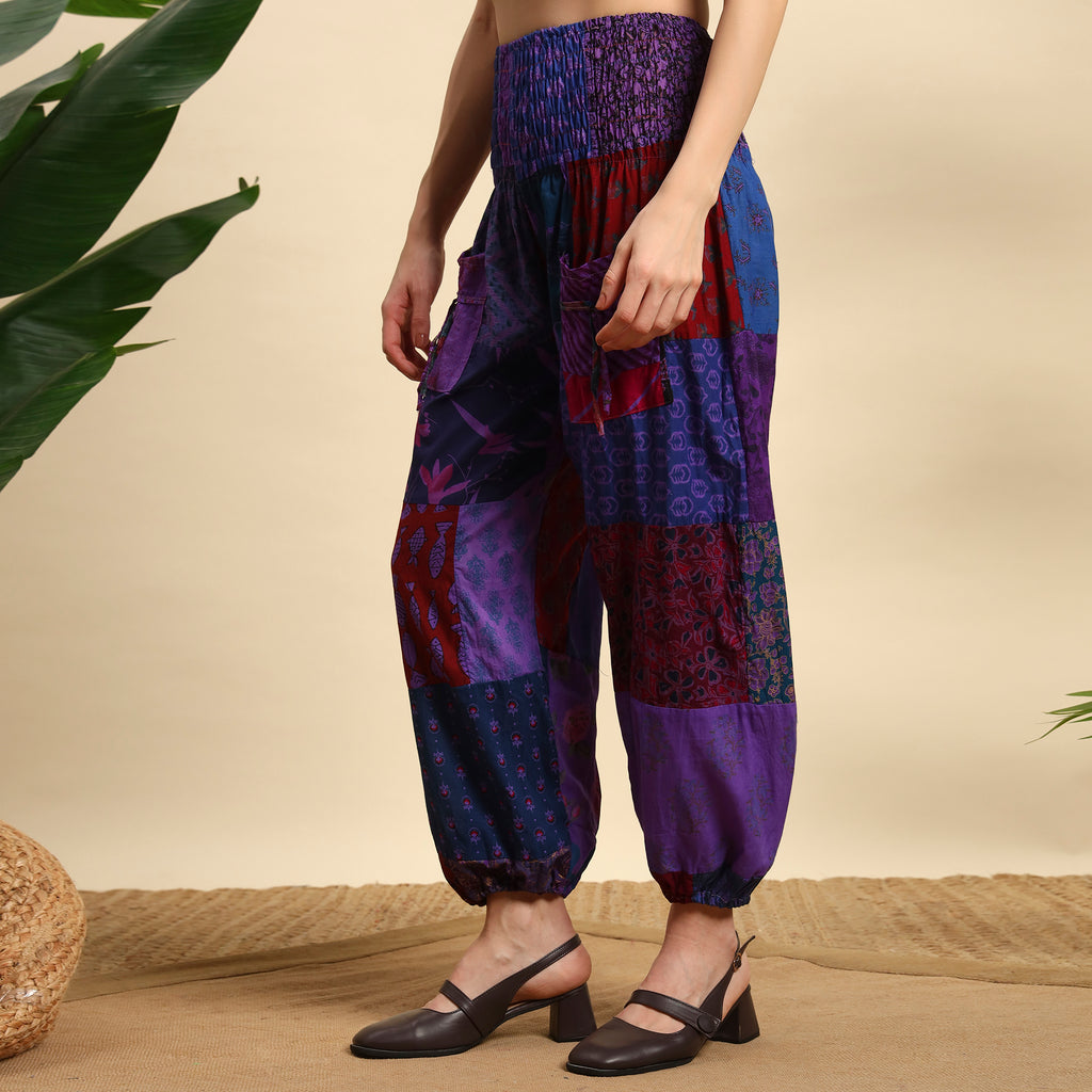 Purple Overdyed Cotton Patchwork Pants Smocked Waist Free Size Trousers