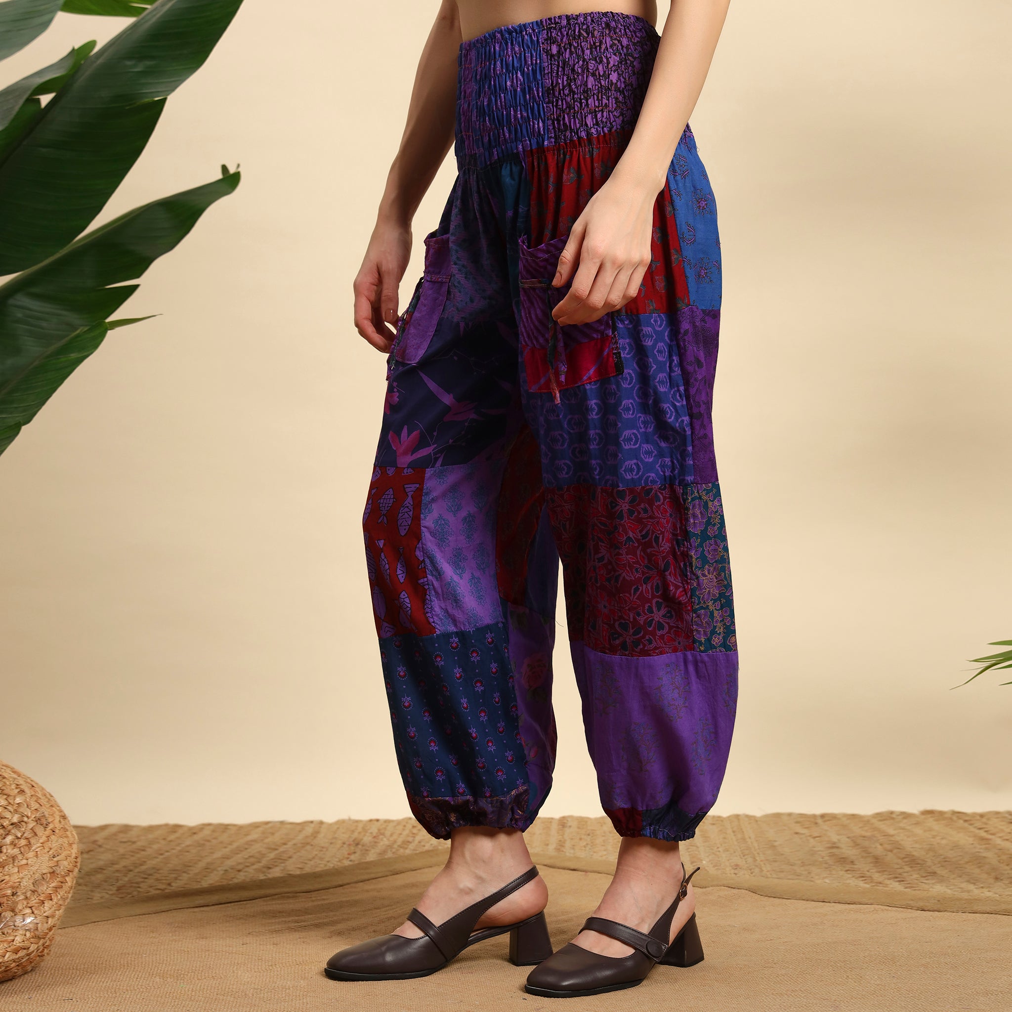 Purple Overdyed Cotton Patchwork Pants Smocked Waist Free Size Trousers