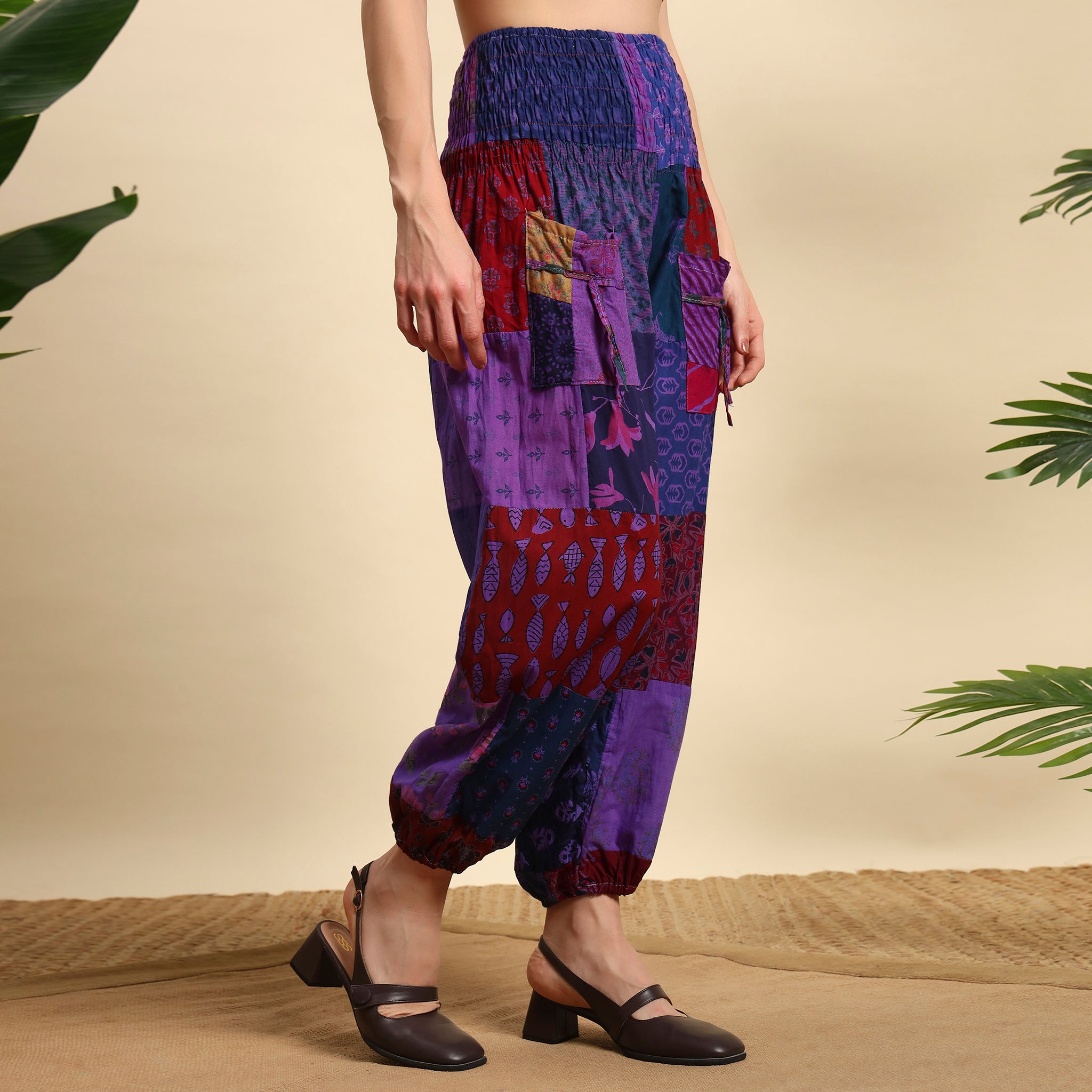Purple Overdyed Cotton Patchwork Pants Smocked Waist Free Size Trousers