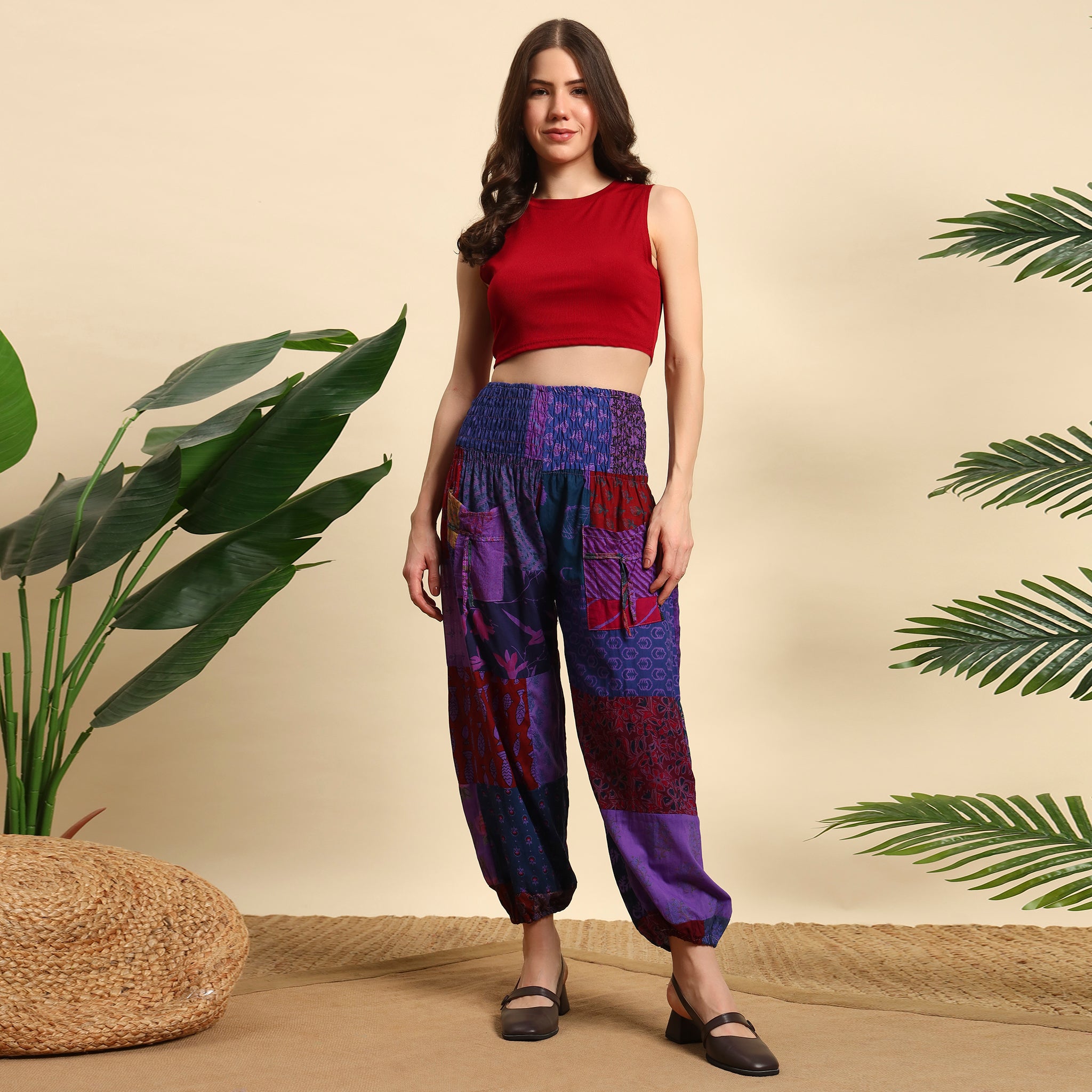 Purple Overdyed Cotton Patchwork Pants Smocked Waist Free Size Trousers