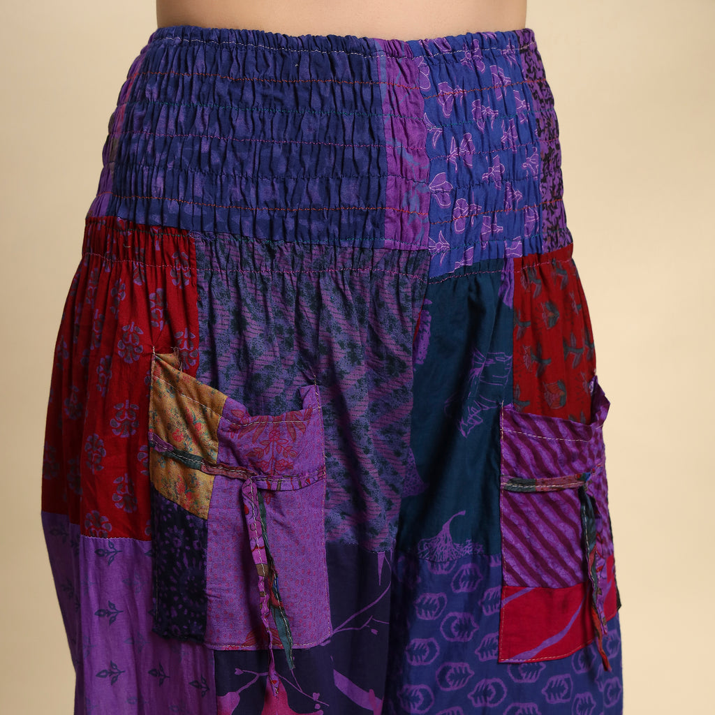Purple Overdyed Cotton Patchwork Pants Smocked Waist Free Size Trousers