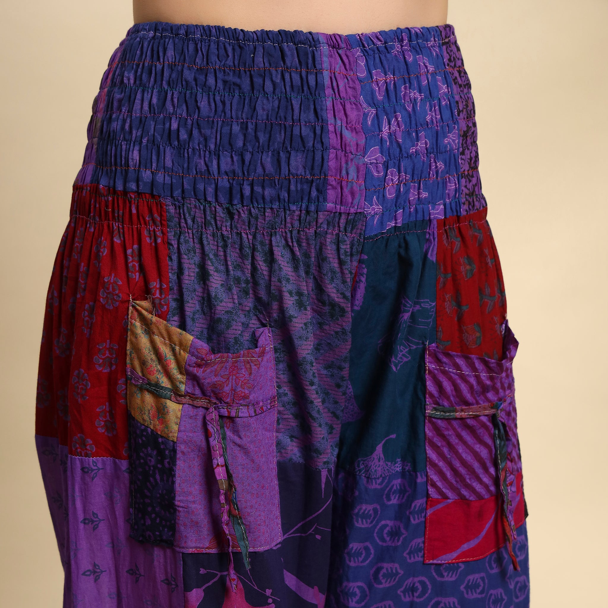 Purple Overdyed Cotton Patchwork Pants Smocked Waist Free Size Trousers