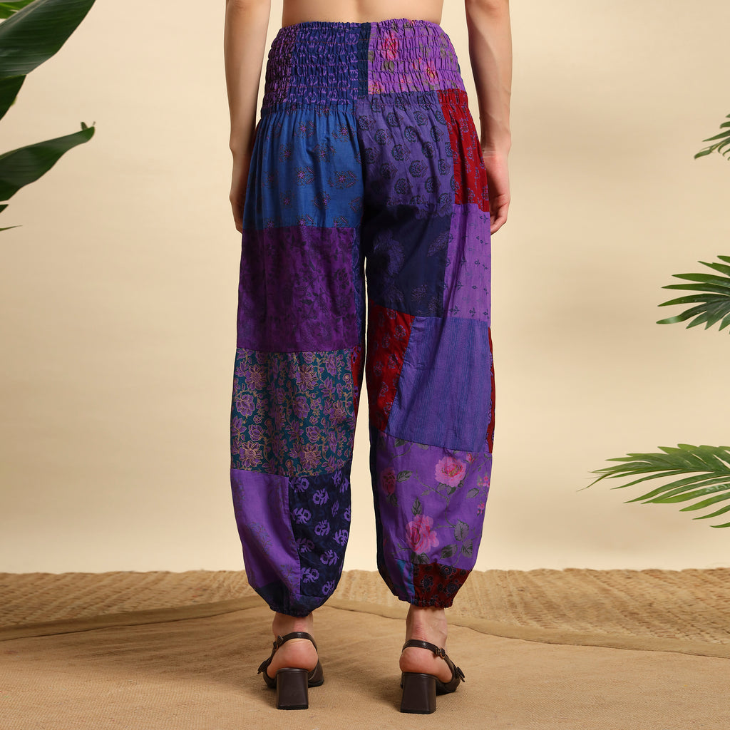 Purple Overdyed Cotton Patchwork Pants Smocked Waist Free Size Trousers