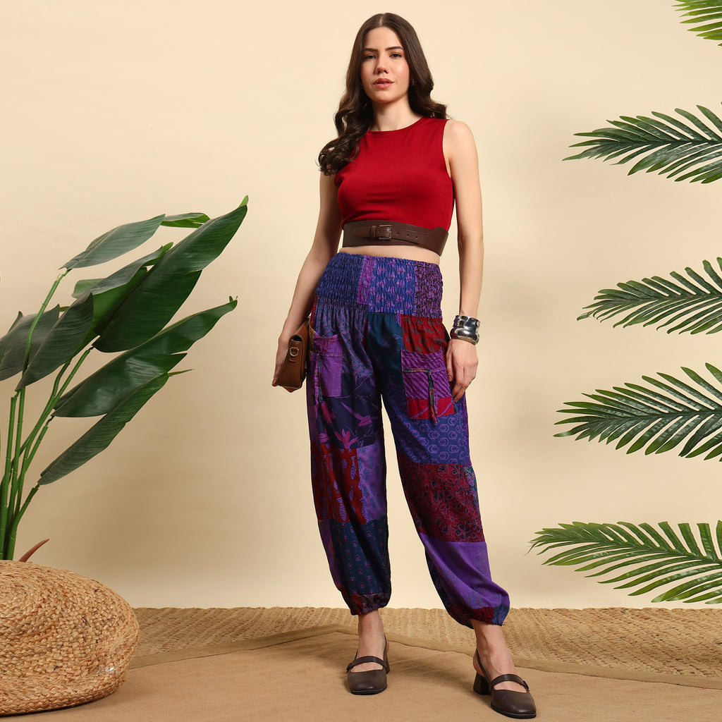 Purple Overdyed Cotton Patchwork Pants Smocked Waist Free Size Trousers