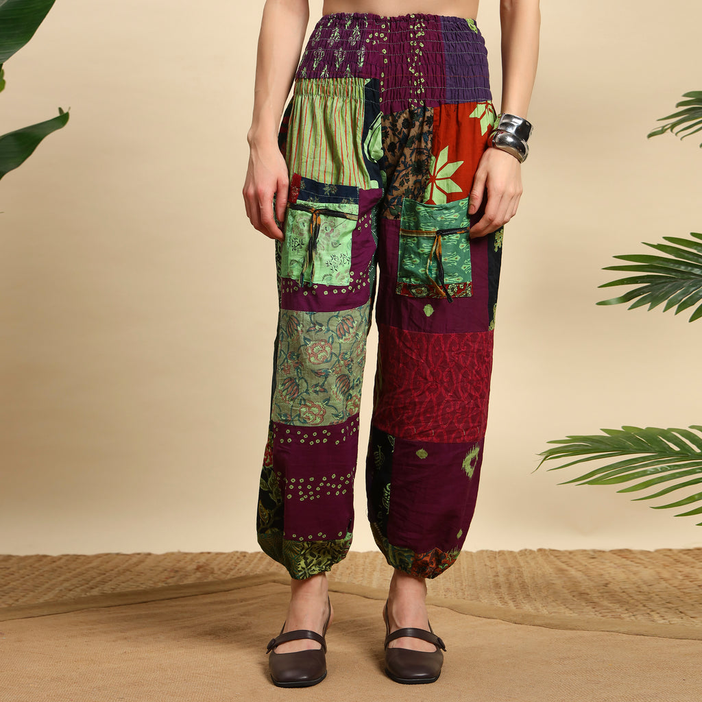 Red Overdyed Cotton Patchwork Pants Smocked Waist Free Size Trousers