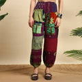 Red Overdyed Cotton Patchwork Pants Smocked Waist Free Size Trousers