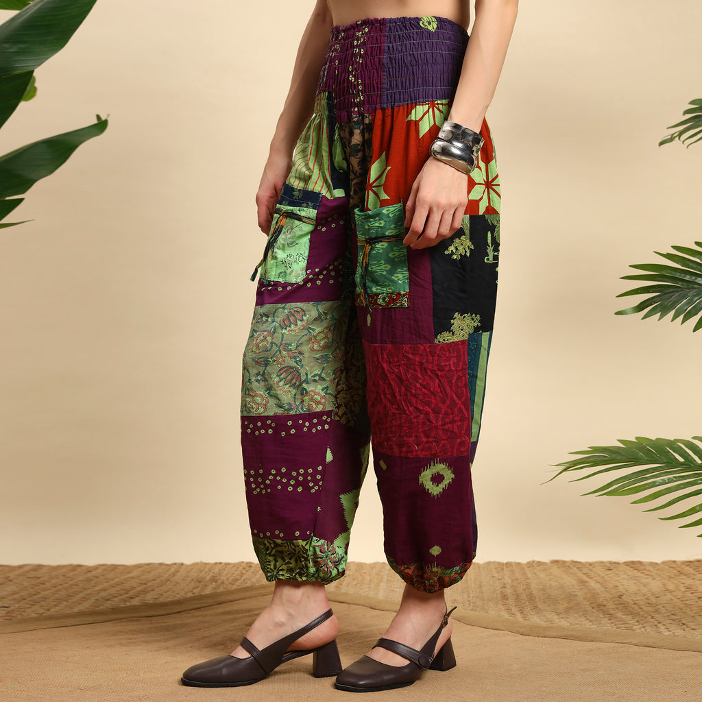 Red Overdyed Cotton Patchwork Pants Smocked Waist Free Size Trousers