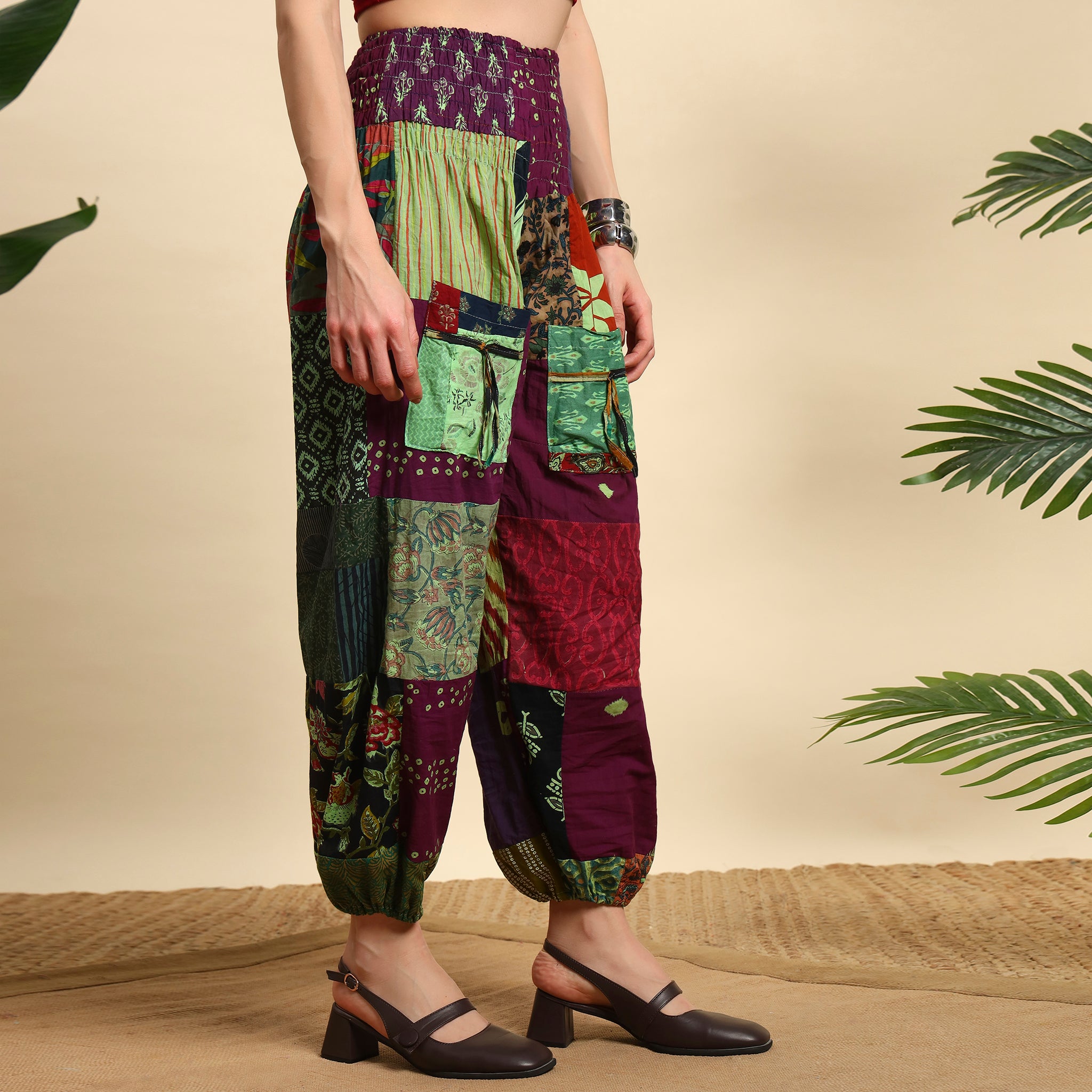 Red Overdyed Cotton Patchwork Pants Smocked Waist Free Size Trousers
