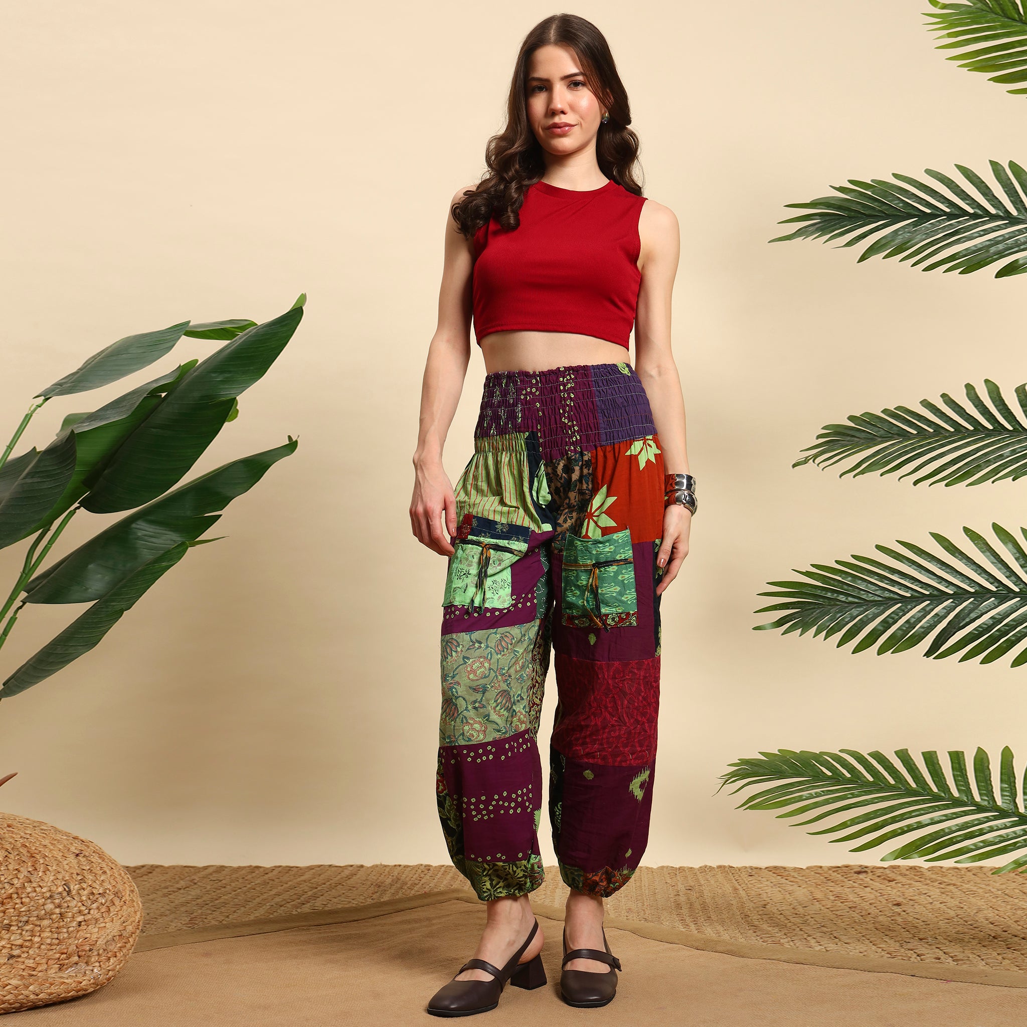 Red Overdyed Cotton Patchwork Pants Smocked Waist Free Size Trousers
