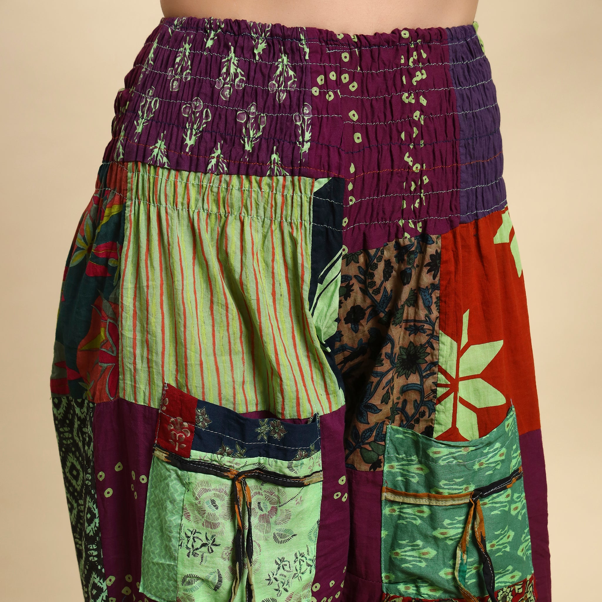 Red Overdyed Cotton Patchwork Pants Smocked Waist Free Size Trousers