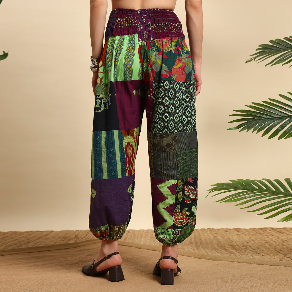 Red Overdyed Cotton Patchwork Pants Smocked Waist Free Size Trousers