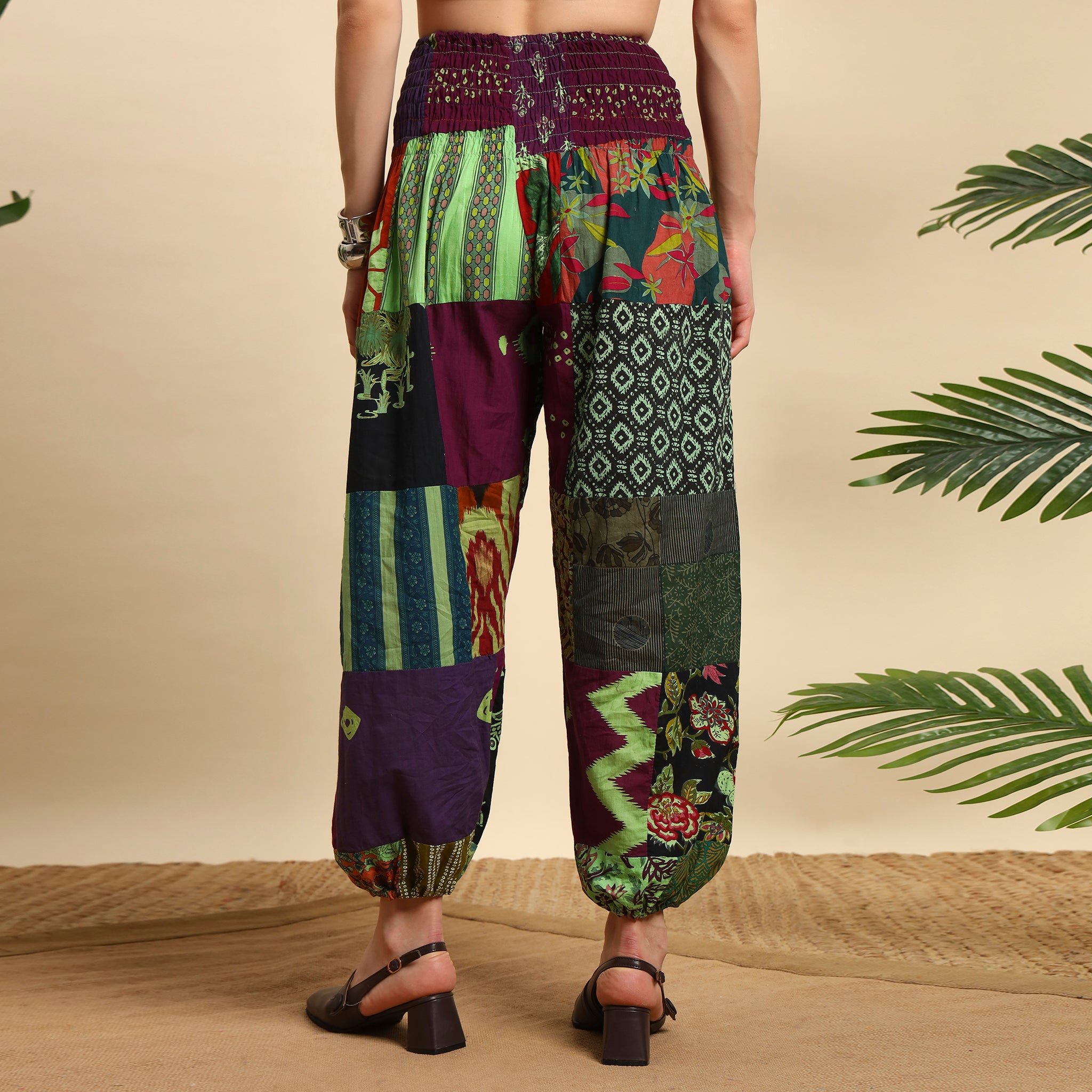 Red Overdyed Cotton Patchwork Pants Smocked Waist Free Size Trousers