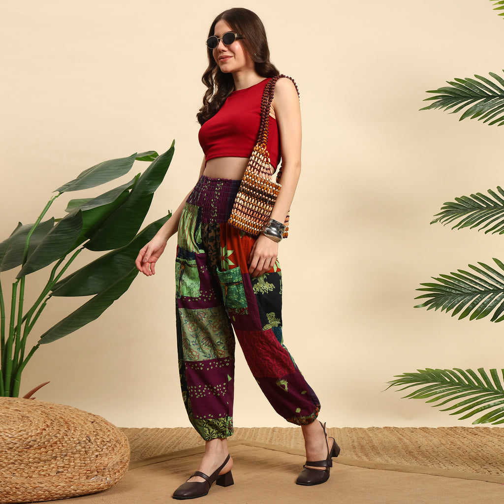 Red Overdyed Cotton Patchwork Pants Smocked Waist Free Size Trousers