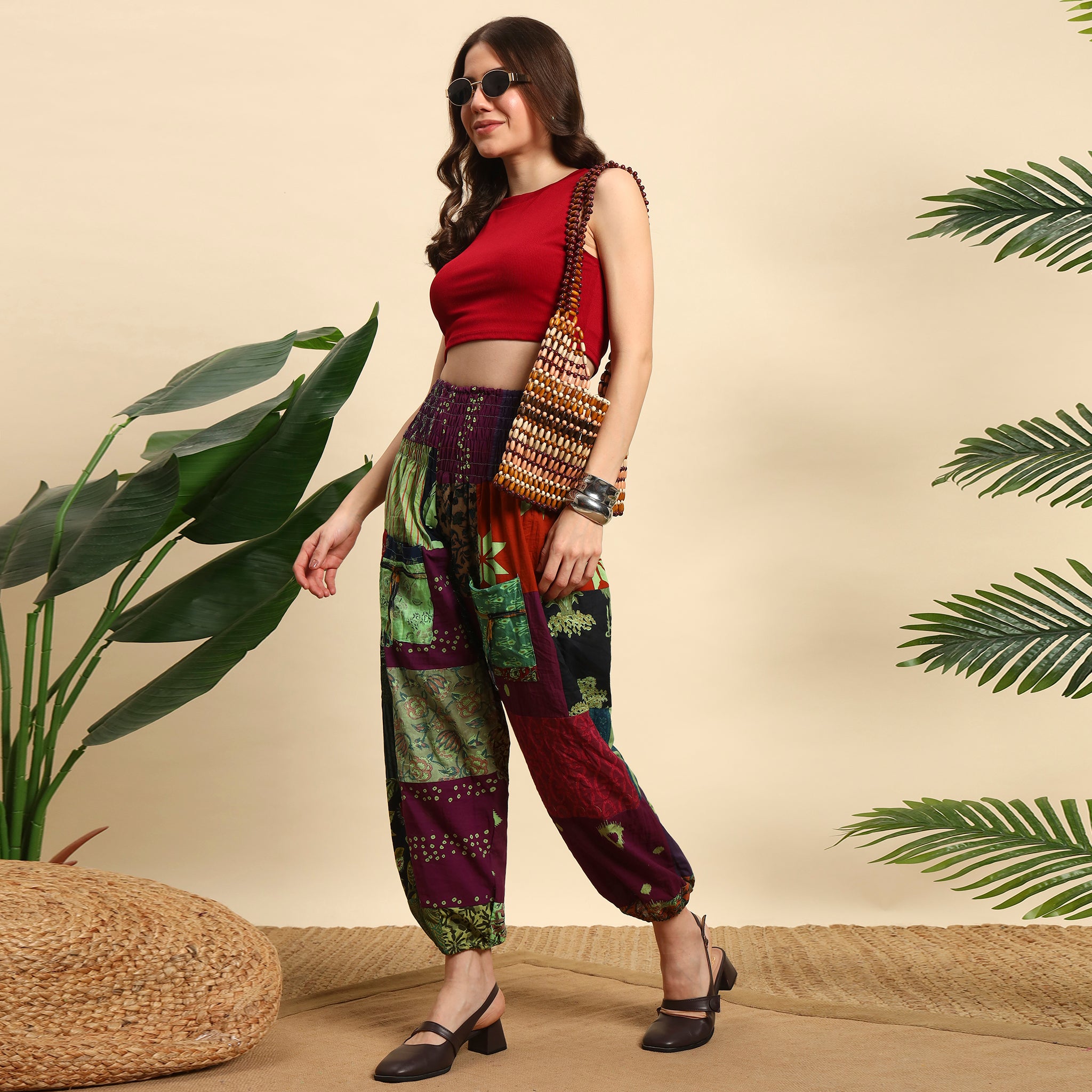 Red Overdyed Cotton Patchwork Pants Smocked Waist Free Size Trousers