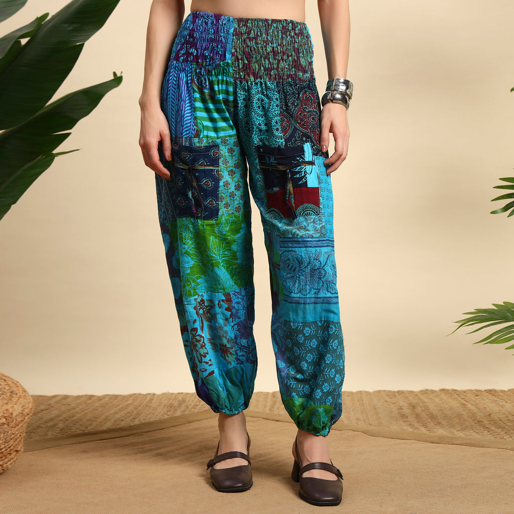 Turquoise Overdyed Cotton Patchwork Pants Smocked Waist Free Size Trousers