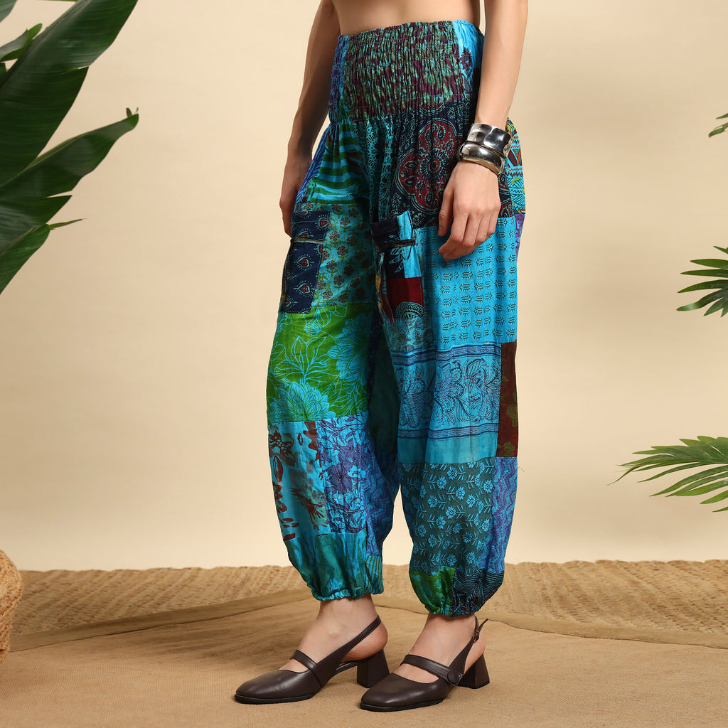 Turquoise Overdyed Cotton Patchwork Pants Smocked Waist Free Size Trousers
