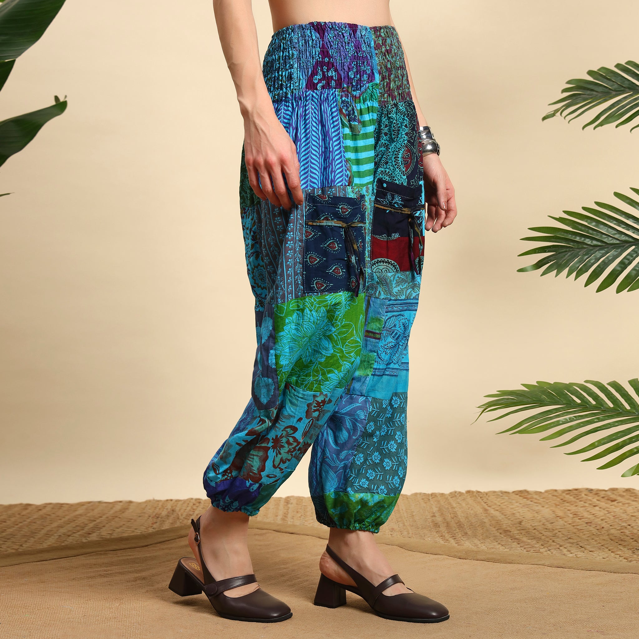 Turquoise Overdyed Cotton Patchwork Pants Smocked Waist Free Size Trousers