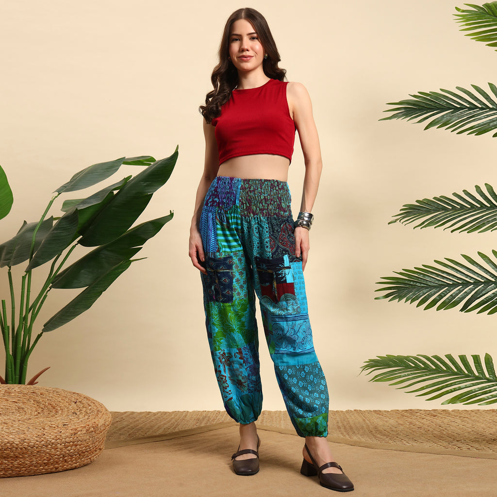 Turquoise Overdyed Cotton Patchwork Pants Smocked Waist Free Size Trousers