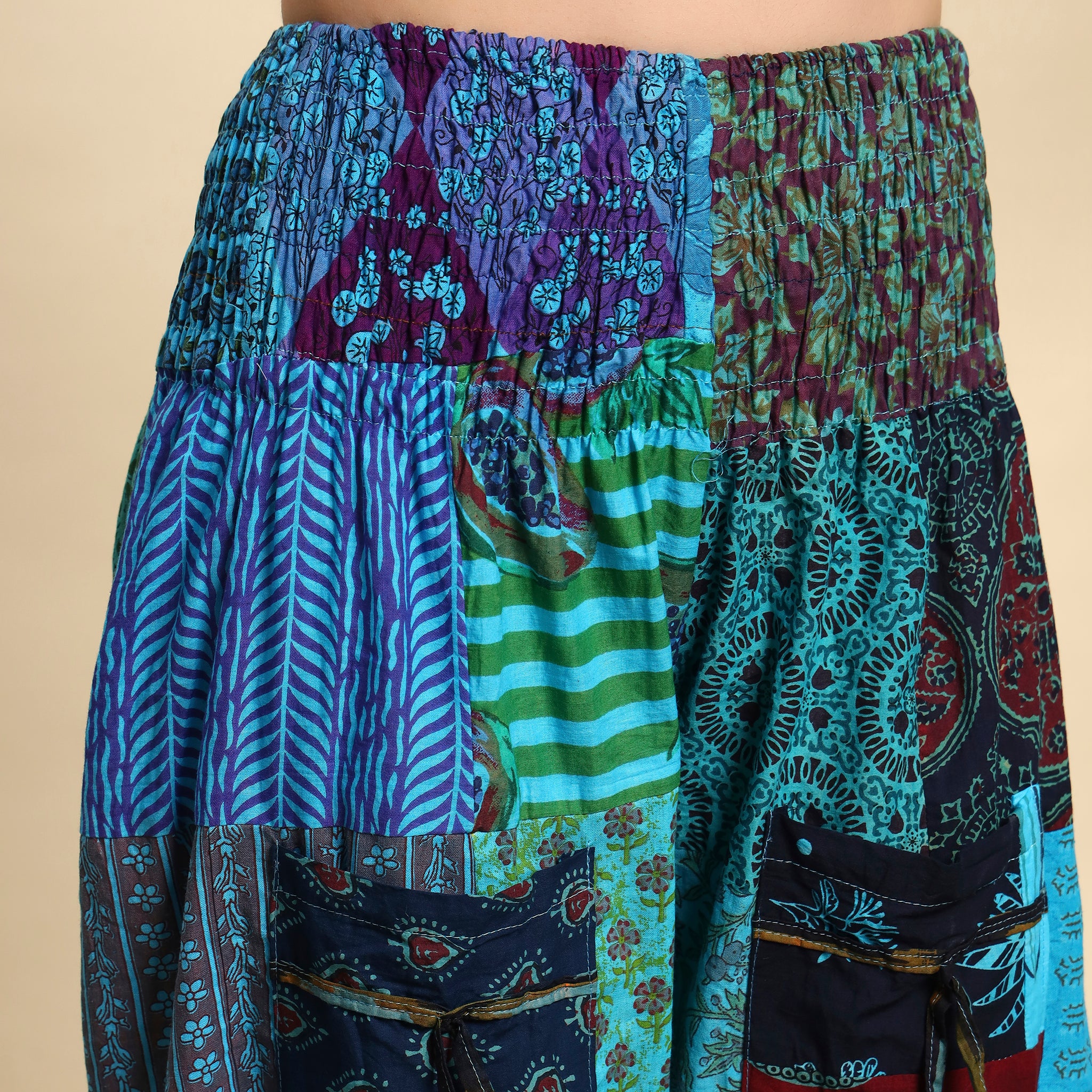 Turquoise Overdyed Cotton Patchwork Pants Smocked Waist Free Size Trousers