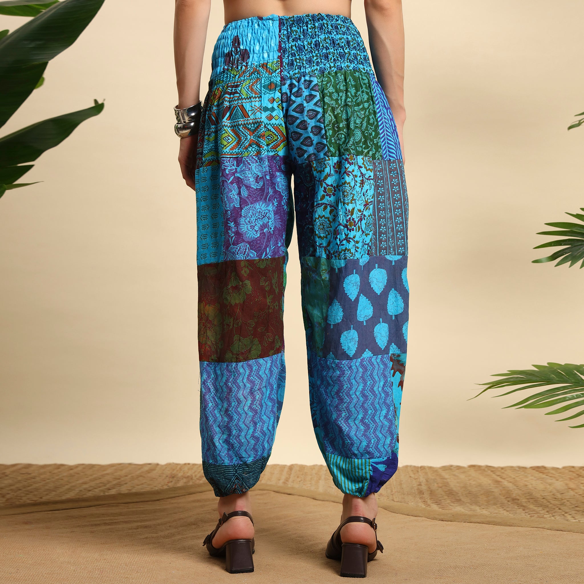 Turquoise Overdyed Cotton Patchwork Pants Smocked Waist Free Size Trousers