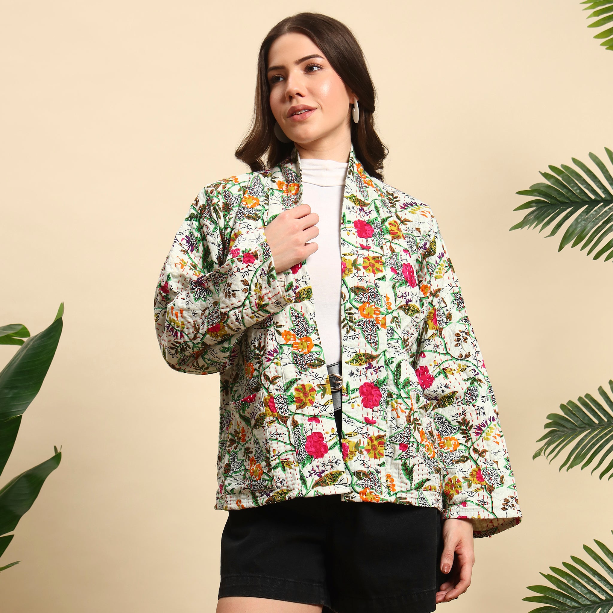 White Floral Kantha Jacket