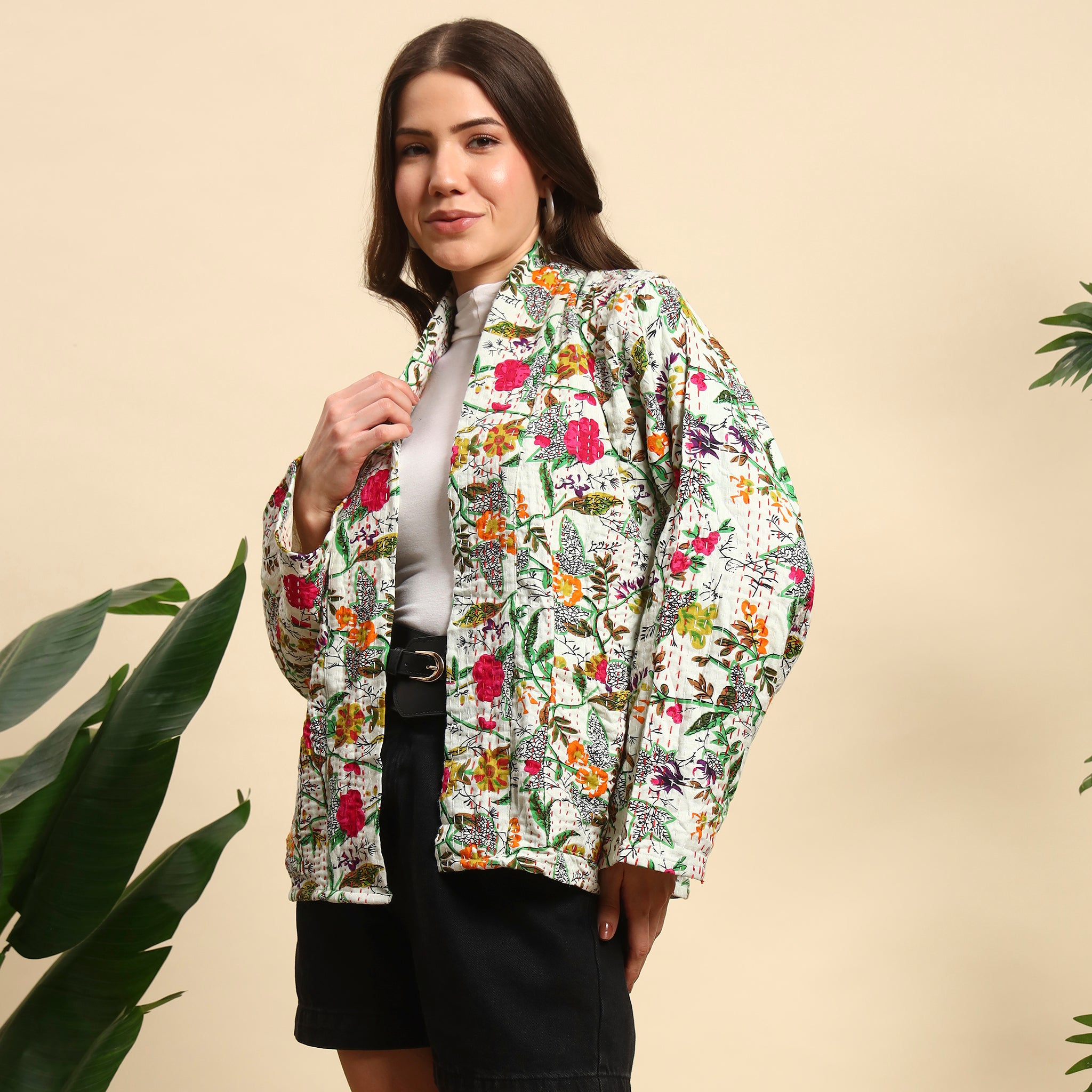 White Floral Kantha Jacket